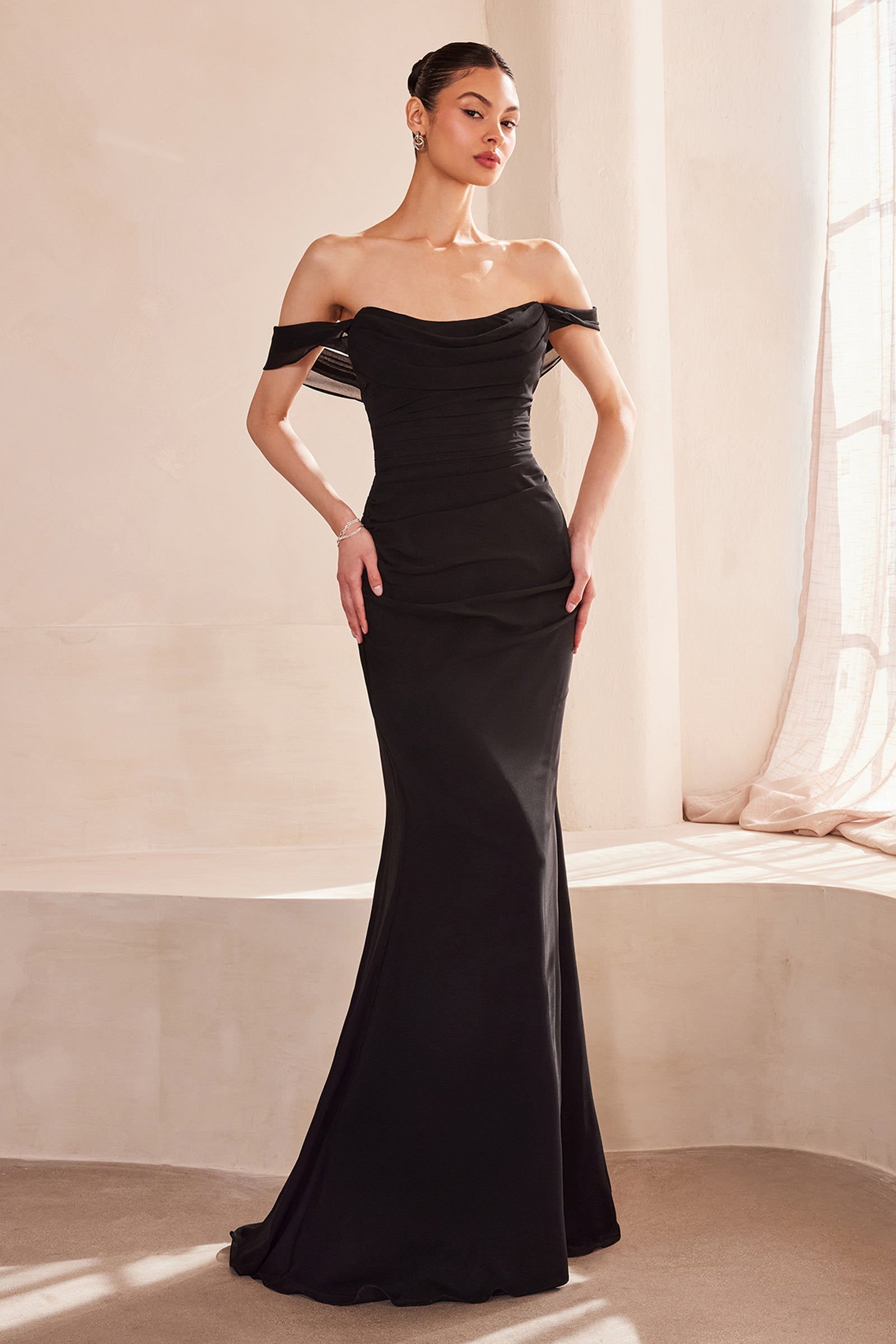 Chiffon Fitted Off Shoulder Gown by Amoris T705