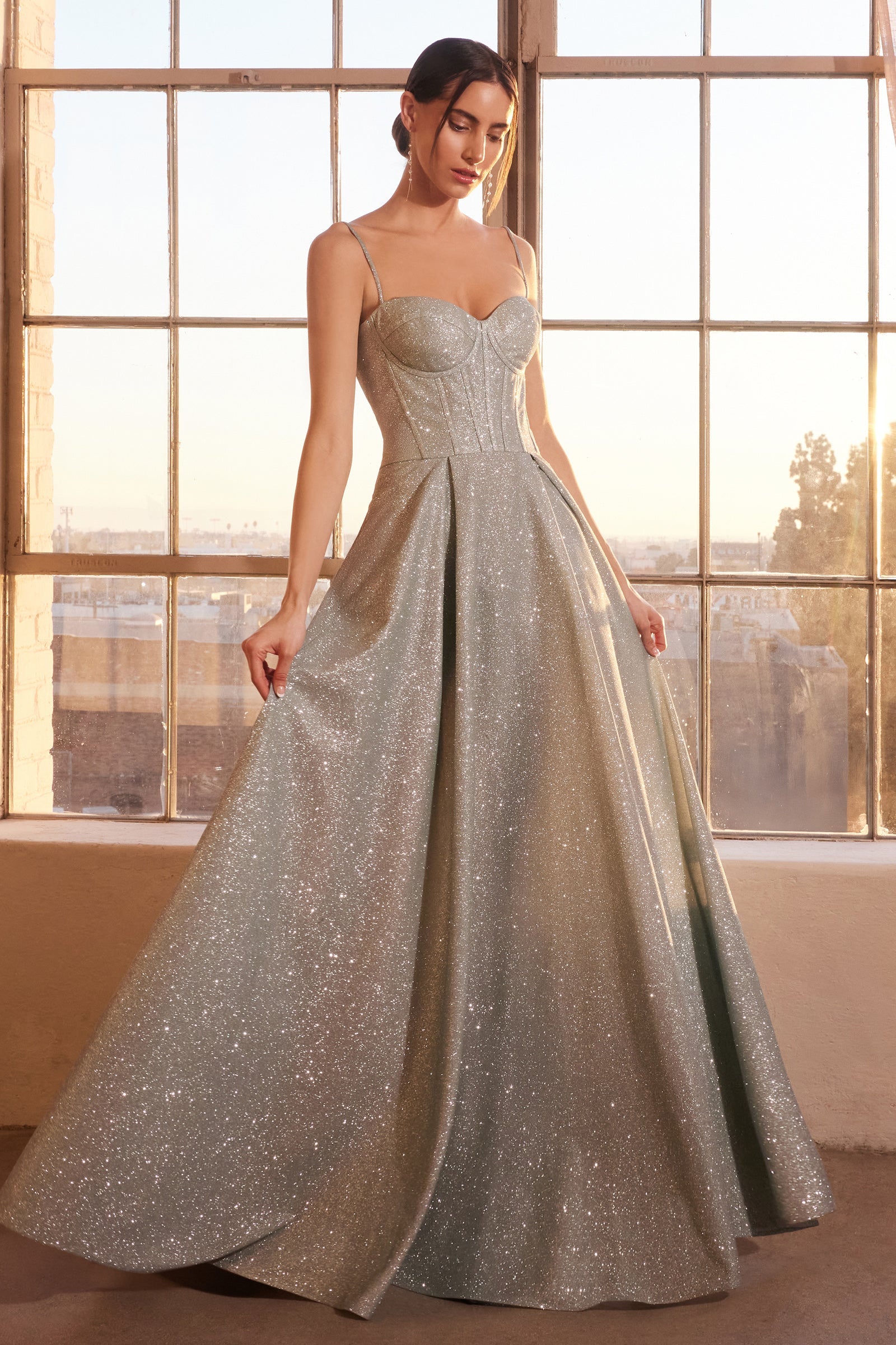 Glitter Sleeveless A-line Slit Gown by Amoris T706