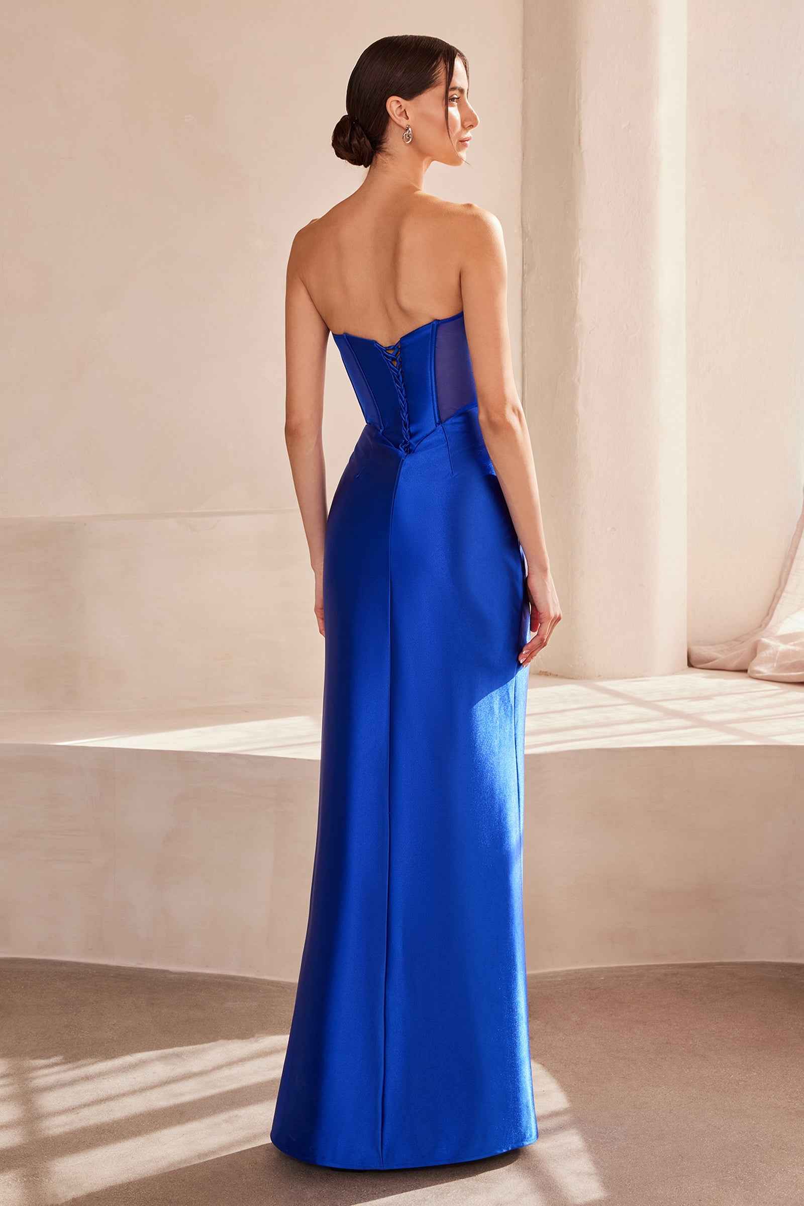 Satin Fitted Strapless Slit Gown by Amoris T708