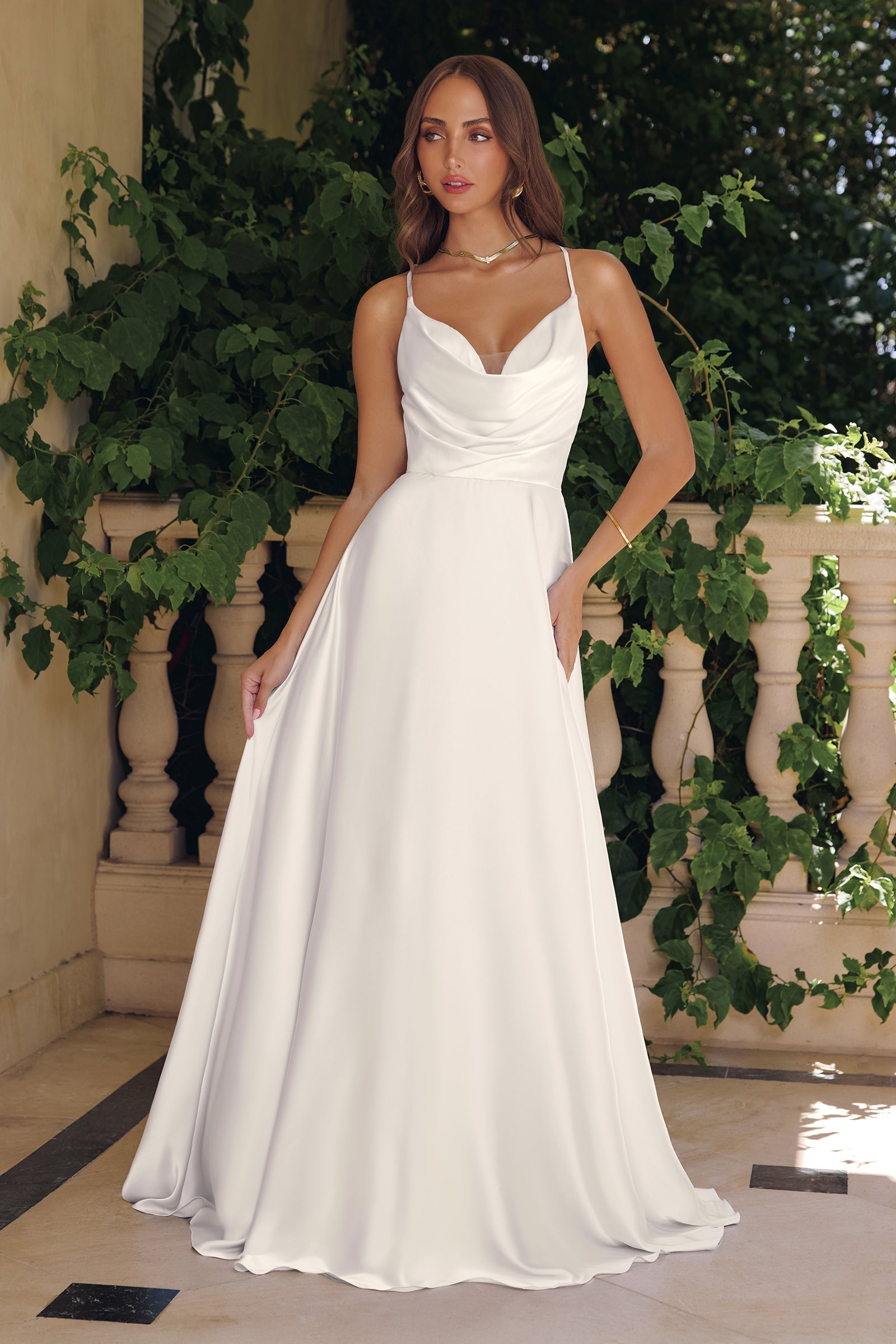 White Satin Cowl A-line Gown by Amoris T714W