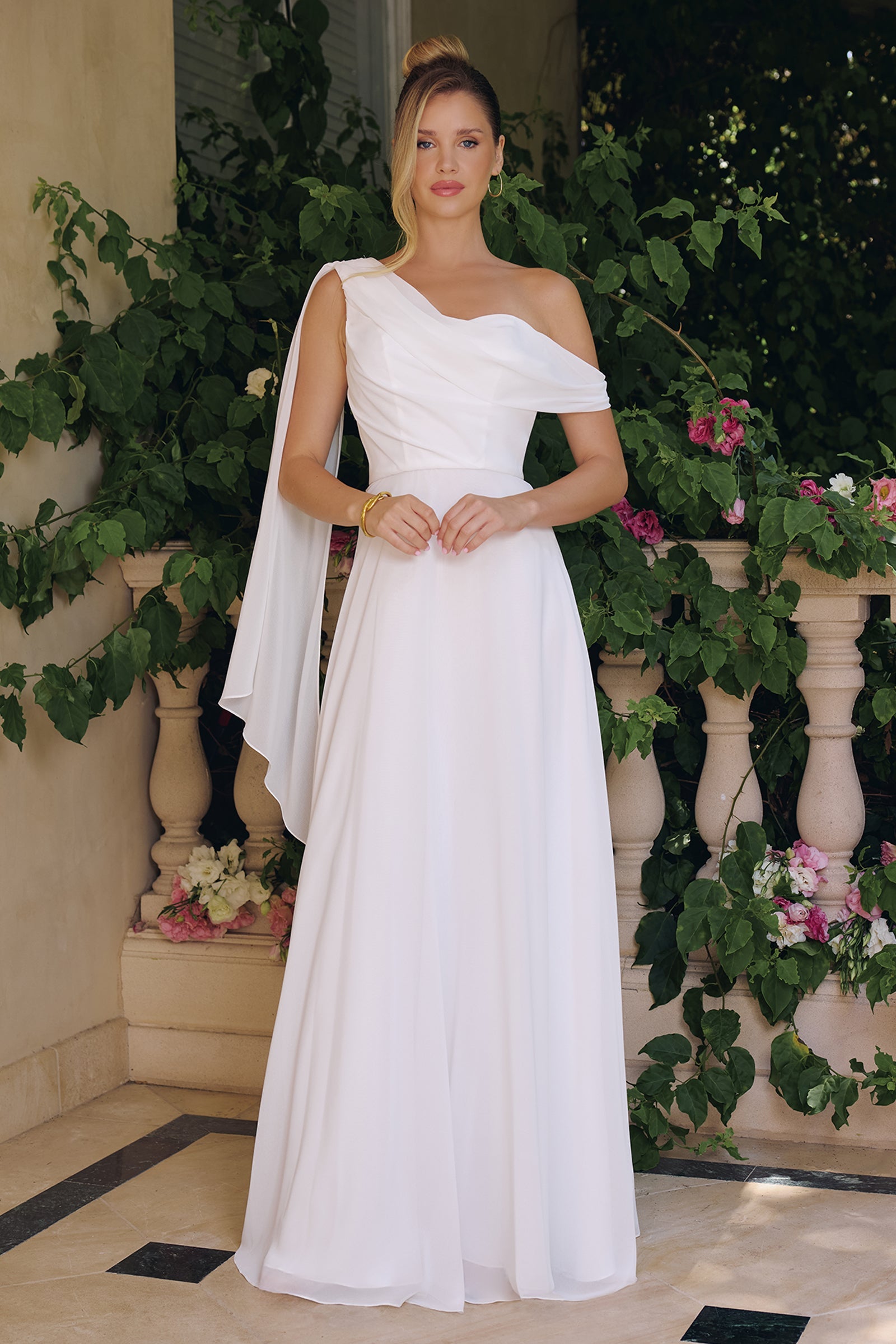 White One Shoulder A-line Gown by Amoris T716W