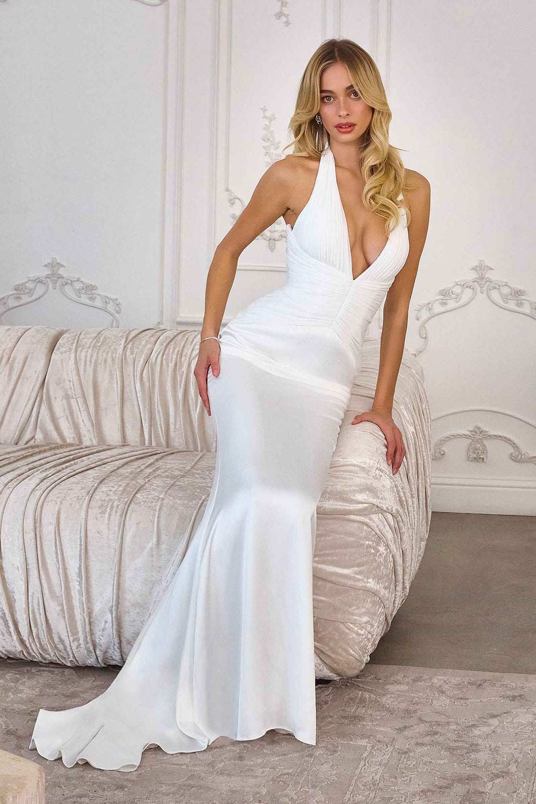 White Satin Fitted Halter Gown by Amoris T720W
