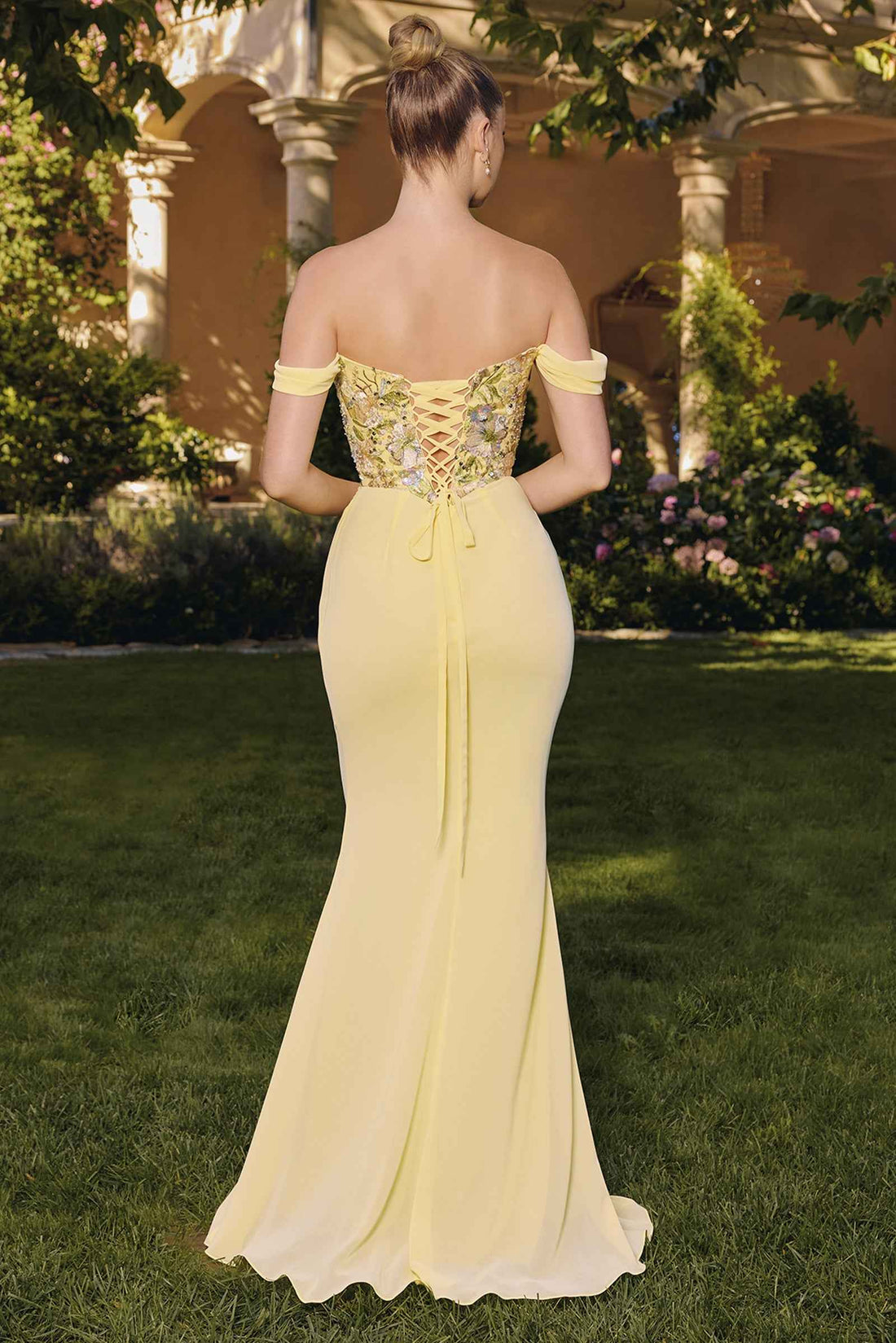 Embroidered Chiffon Off Shoulder Gown by Amoris T721