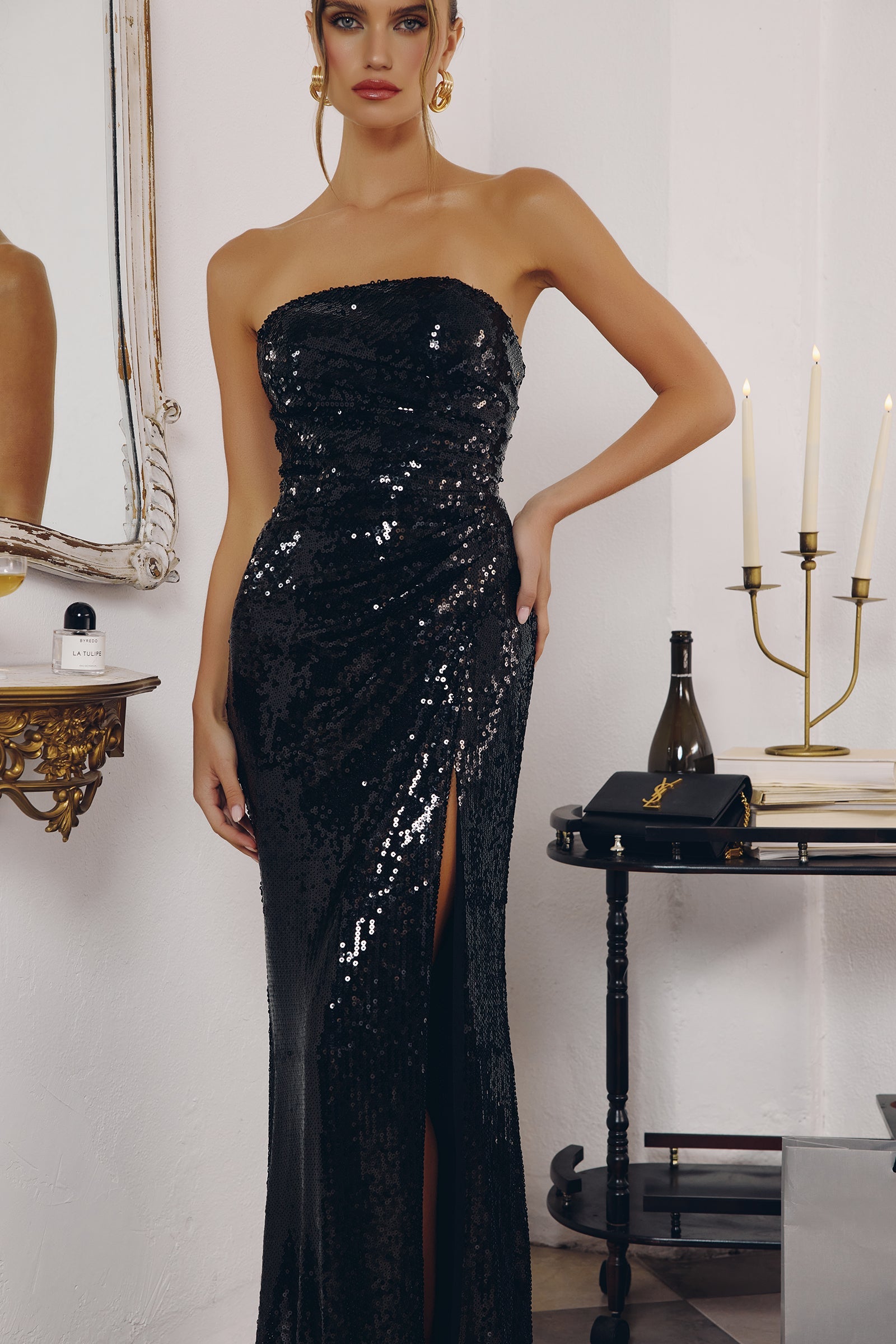 Sequin Fitted Strapless Slit Gown by Amoris T724