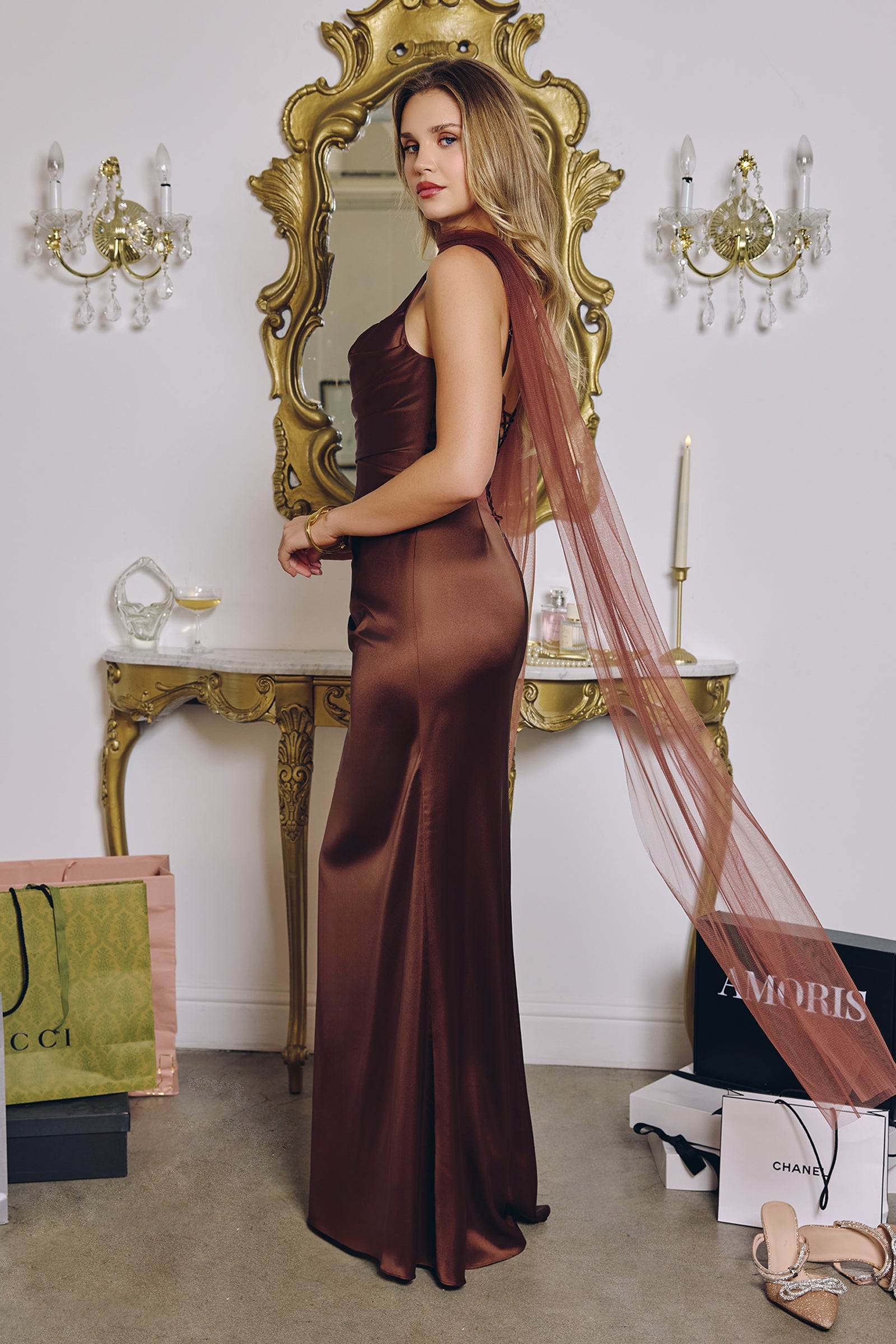 Satin Fitted Sleeveless Scarf Gown by Amoris T729