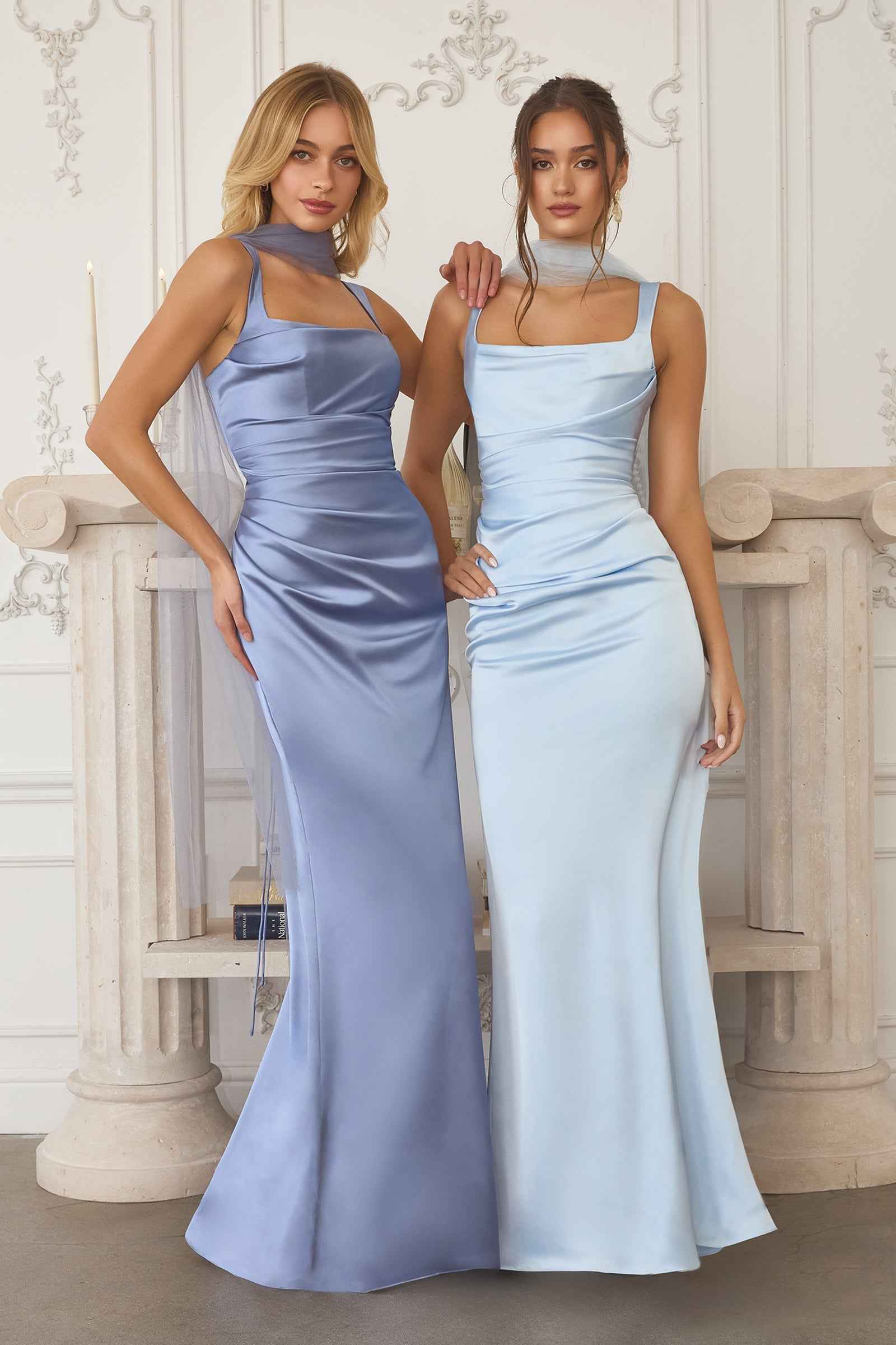 Satin Fitted Sleeveless Scarf Gown by Amoris T729