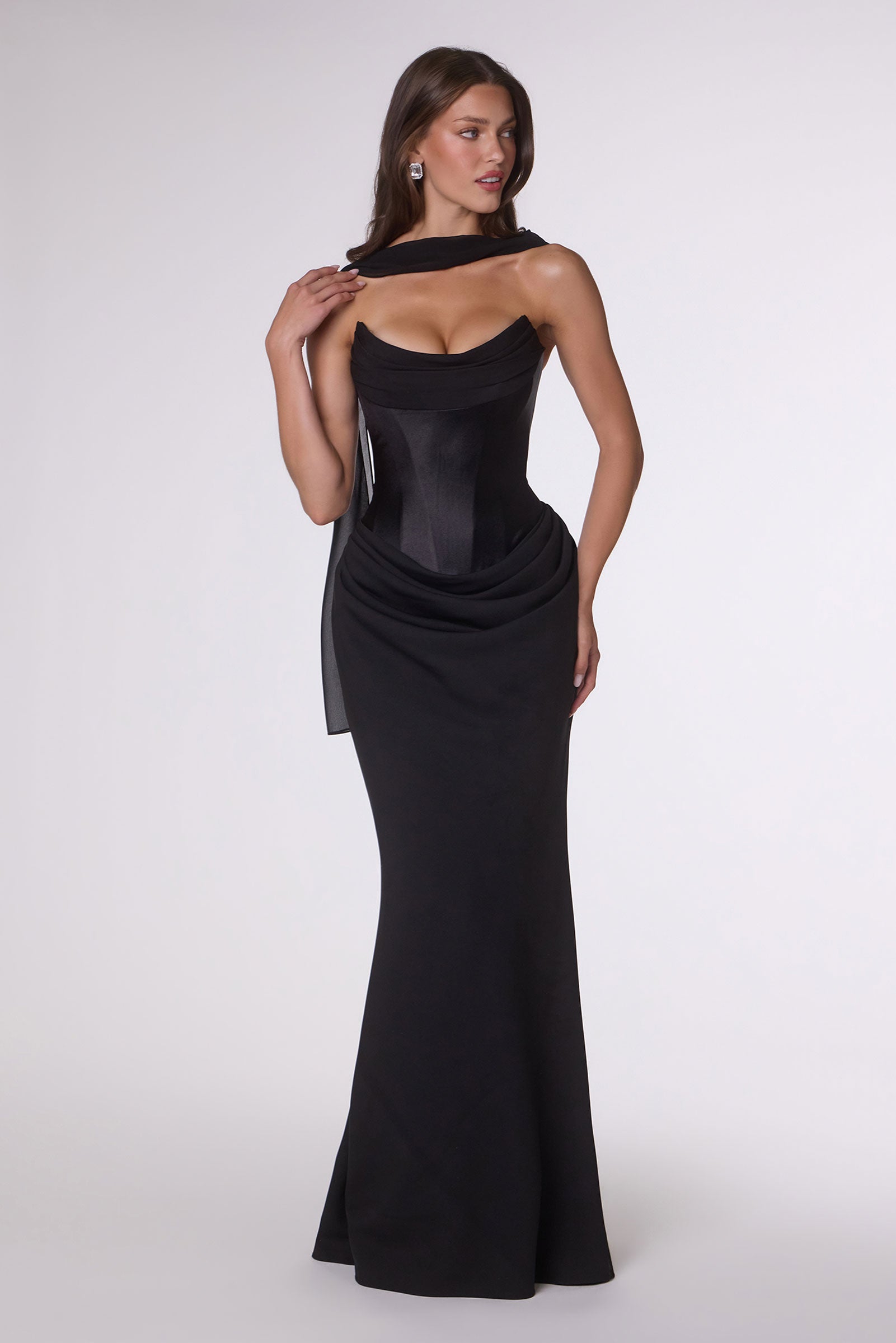 Crepe Fitted Strapless Scarf Gown by Amoris T732