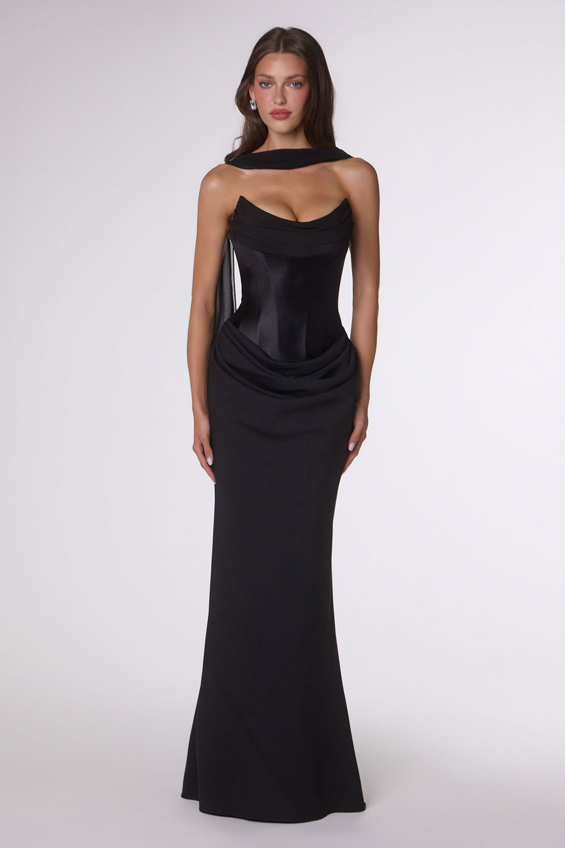 Crepe Fitted Strapless Scarf Gown by Amoris T732