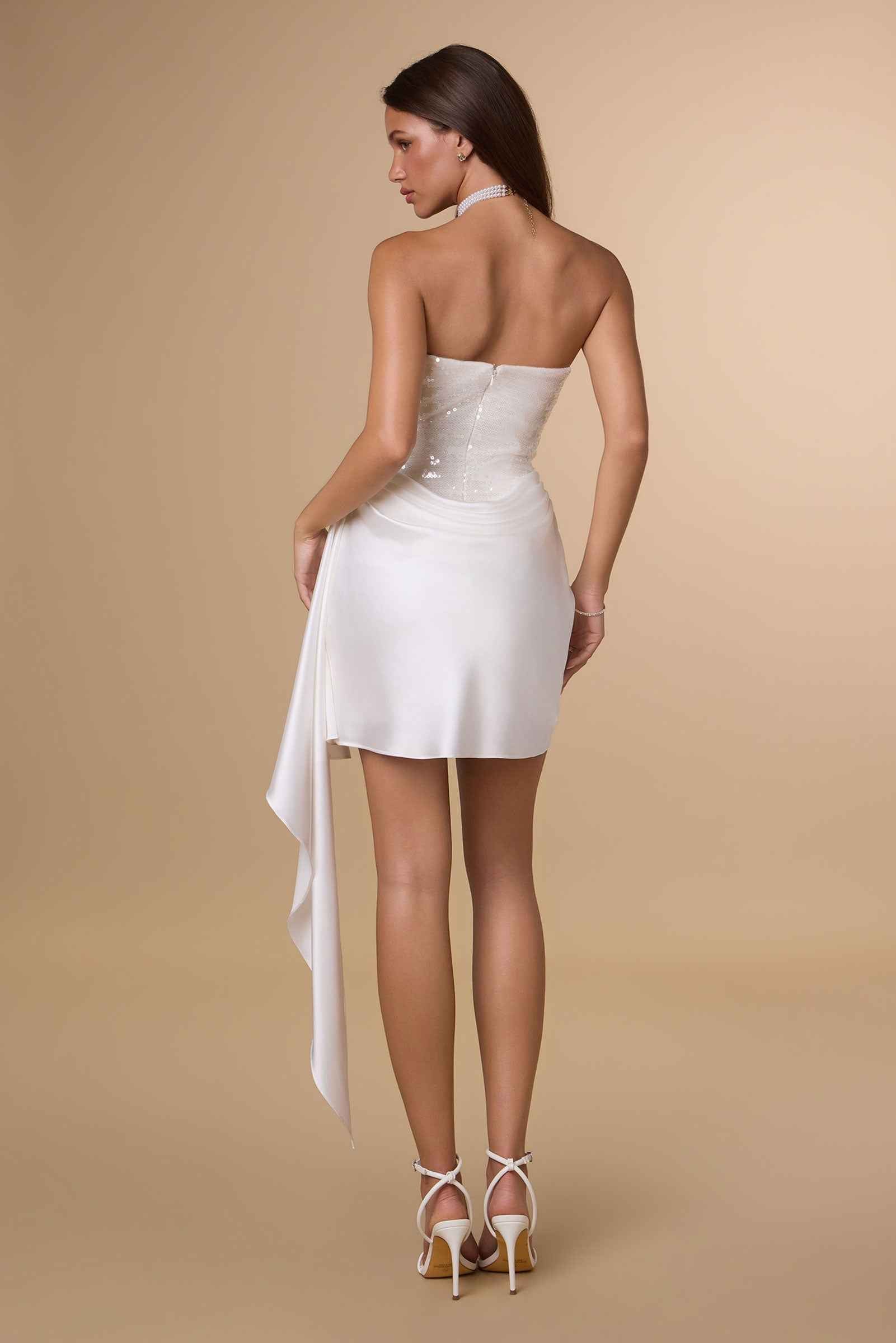 White Sequin Short Strapless Dress by Amoris T734W
