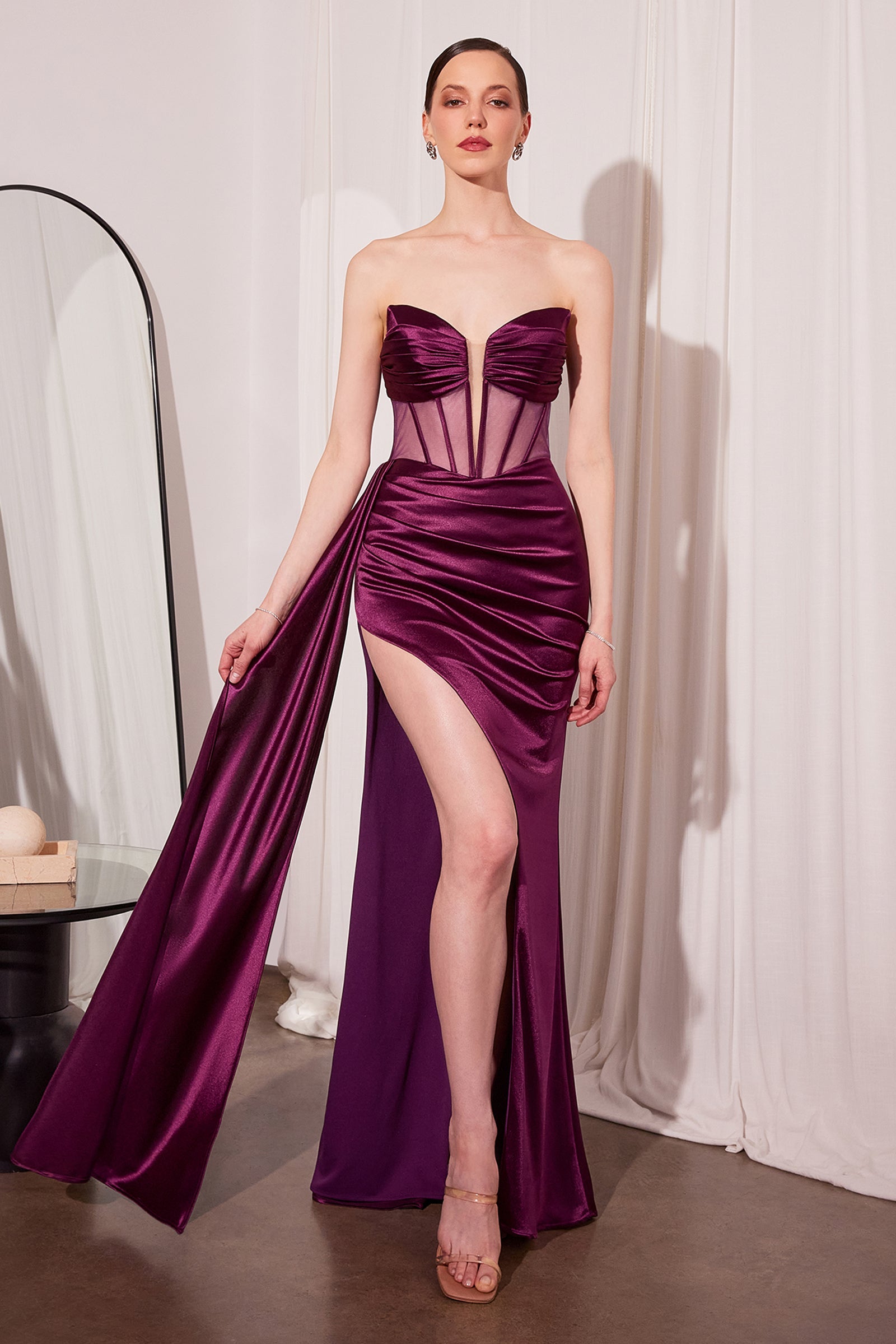 Satin Fitted Strapless Corset Slit Gown by Amoris T811