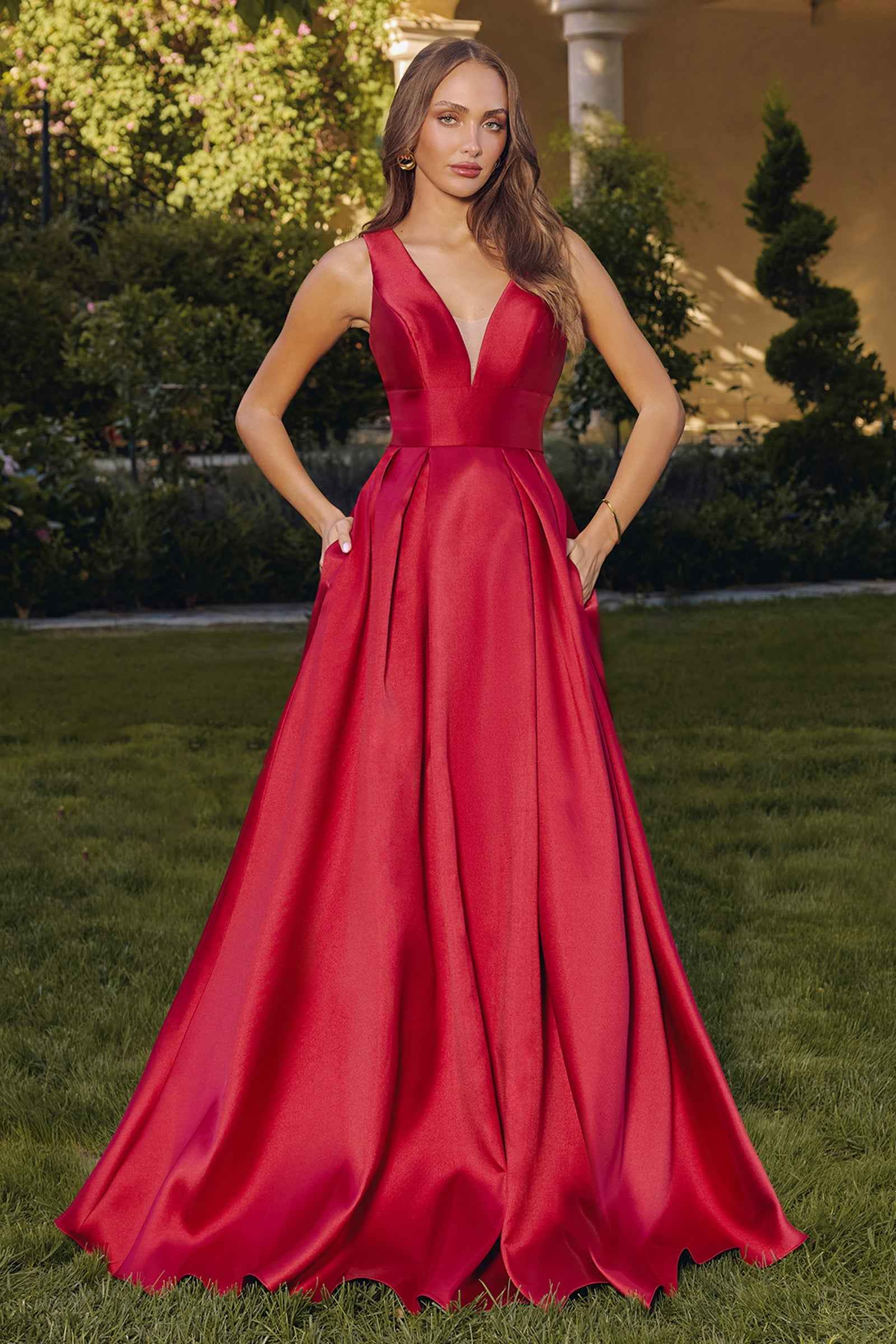 Satin Sleeveless A-line Gown by Amoris T814