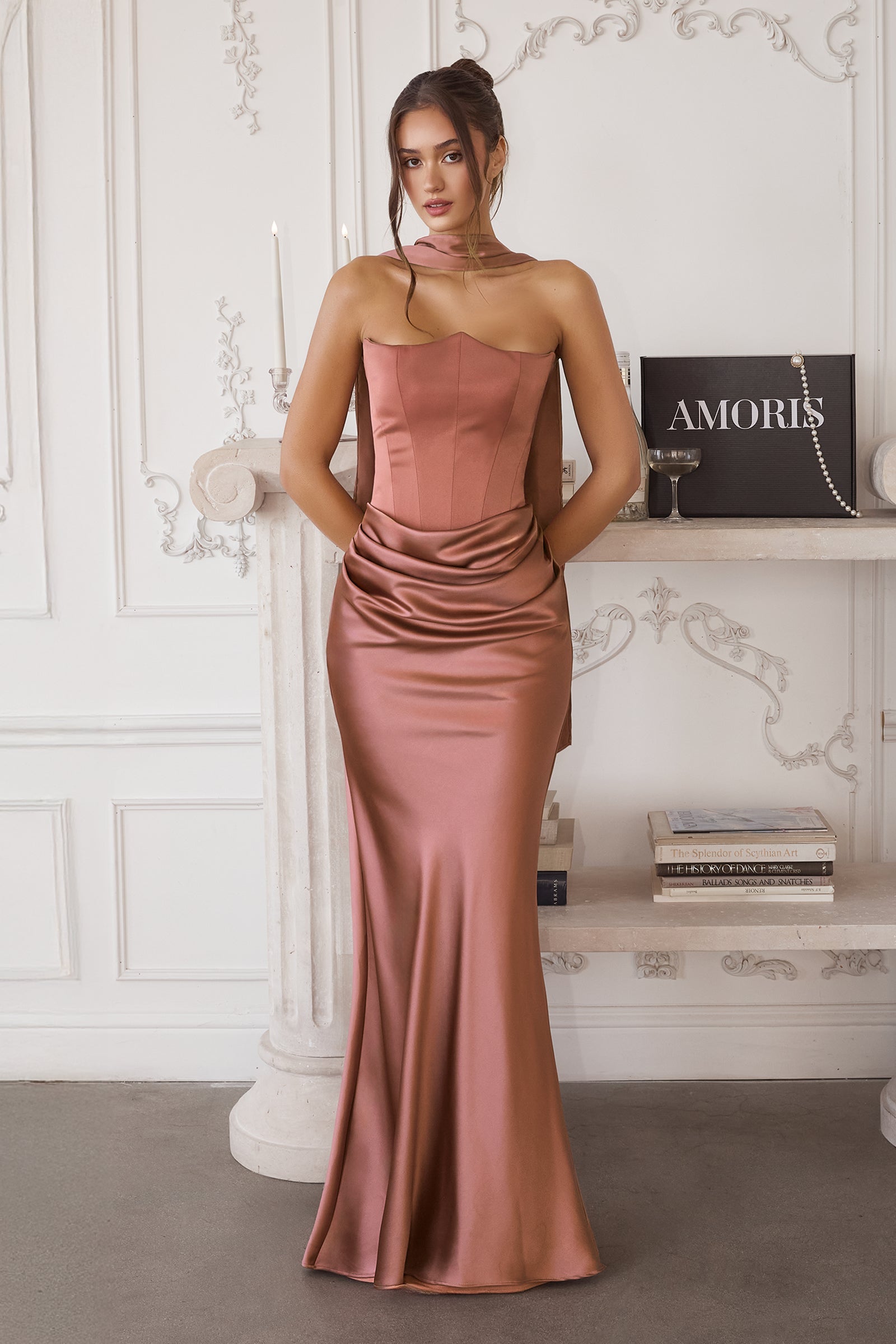 Satin Strapless Column Gown by Amoris T816