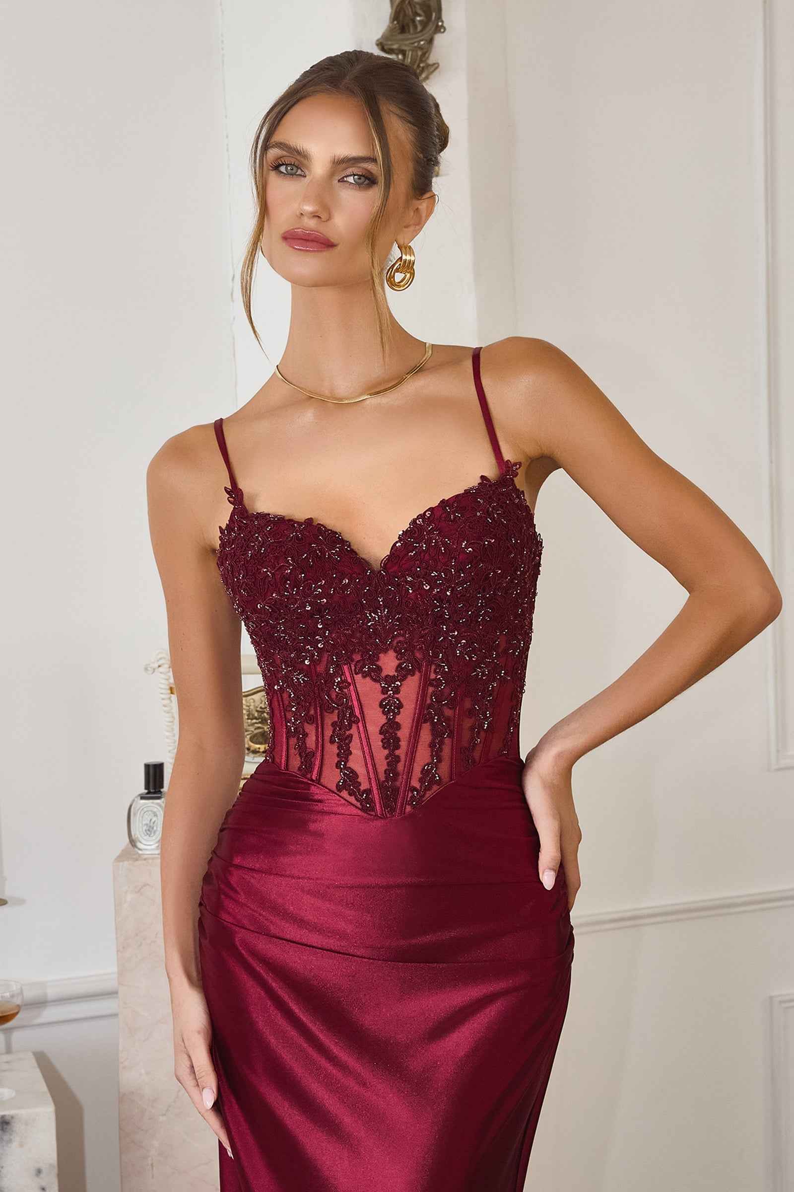 Applique Satin Fitted Sleeveless Gown by Amoris T819