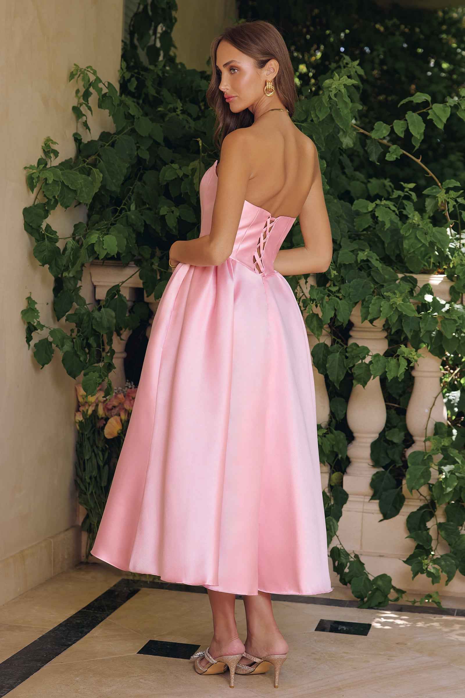 Satin Strapless Tea Length Dress by Amoris T822