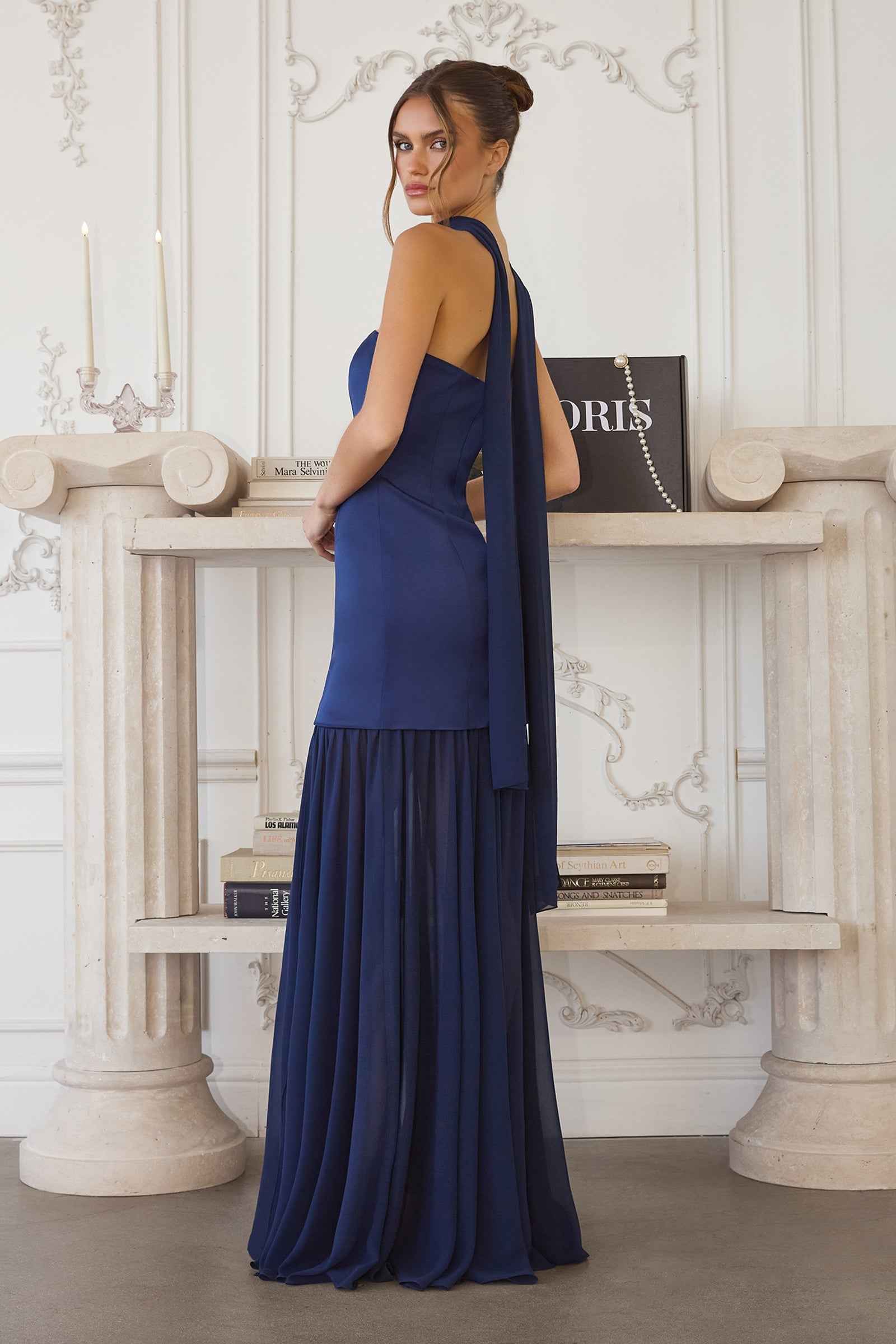 Satin Chiffon Strapless Slit Gown by Amoris T825