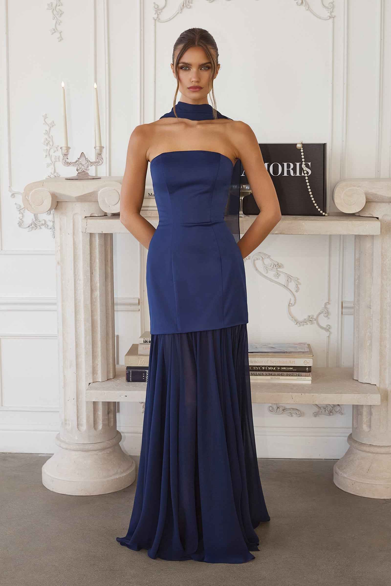 Satin Chiffon Strapless Slit Gown by Amoris T825