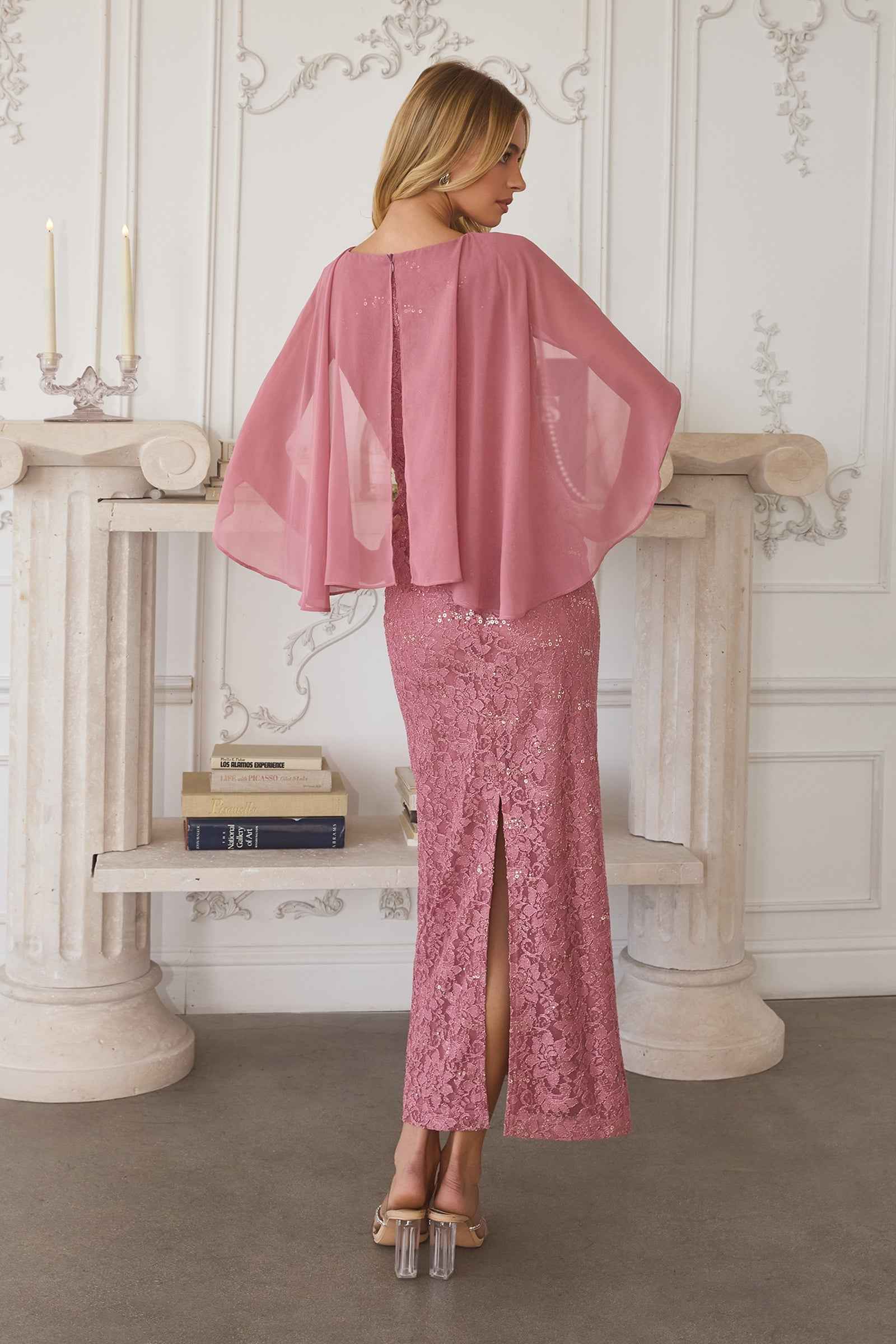 Lace Capelet Tea Length Dress by Amoris T906