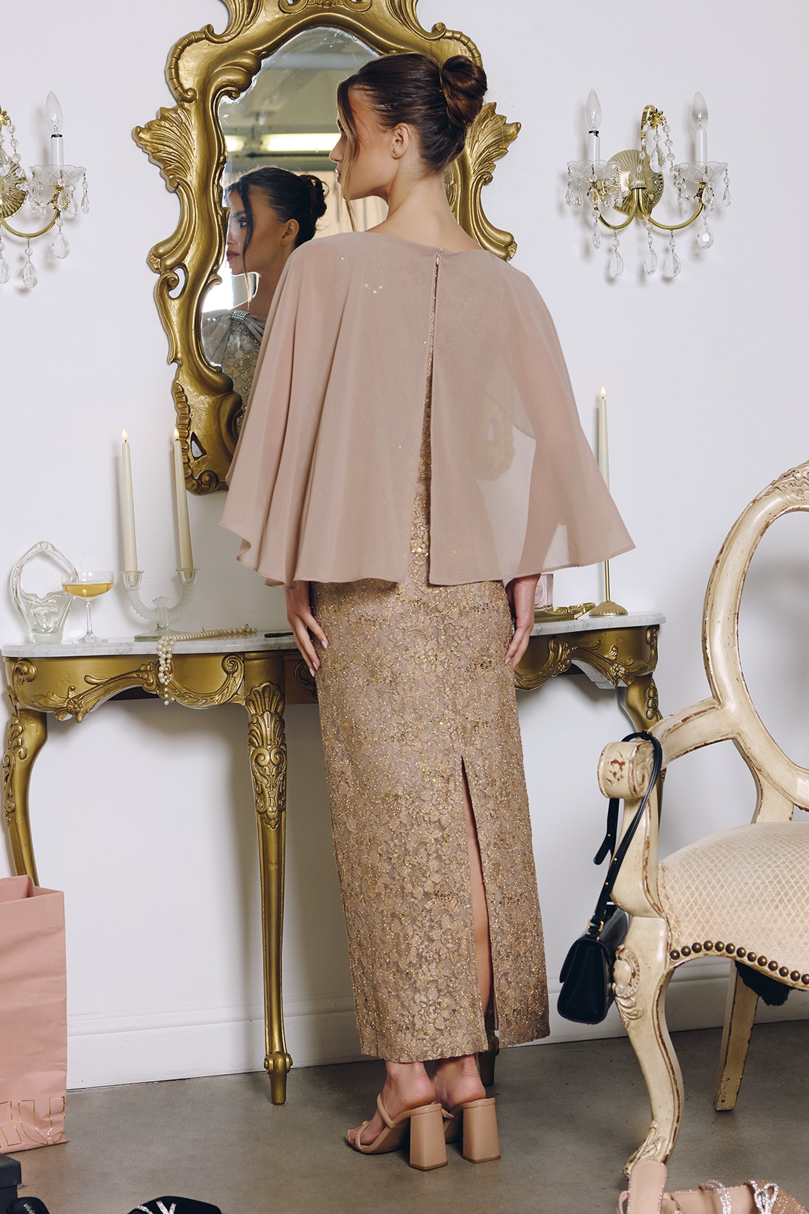 Lace Capelet Tea Length Dress by Amoris T906