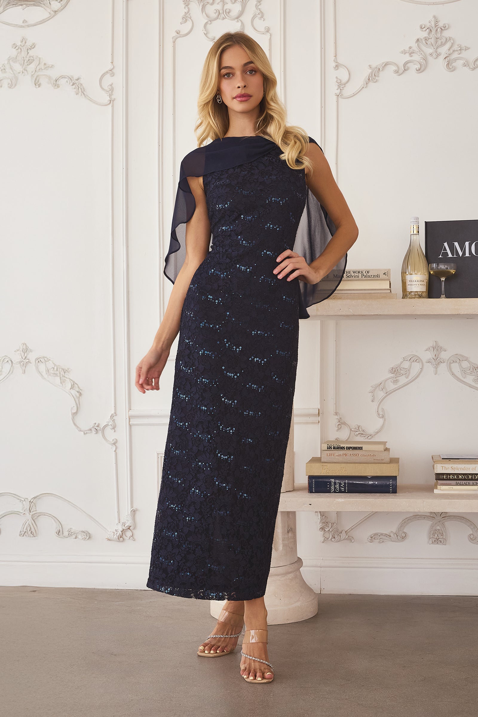 Lace Capelet Tea Length Dress by Amoris T906