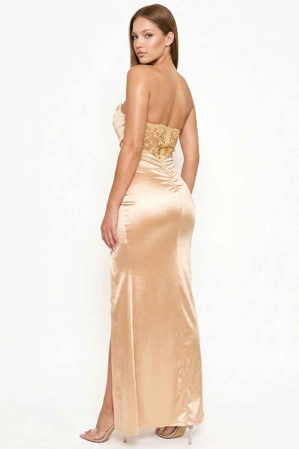 Wph1113 - Satin Stretch Fabric Pleated Detail Top Prom Dress