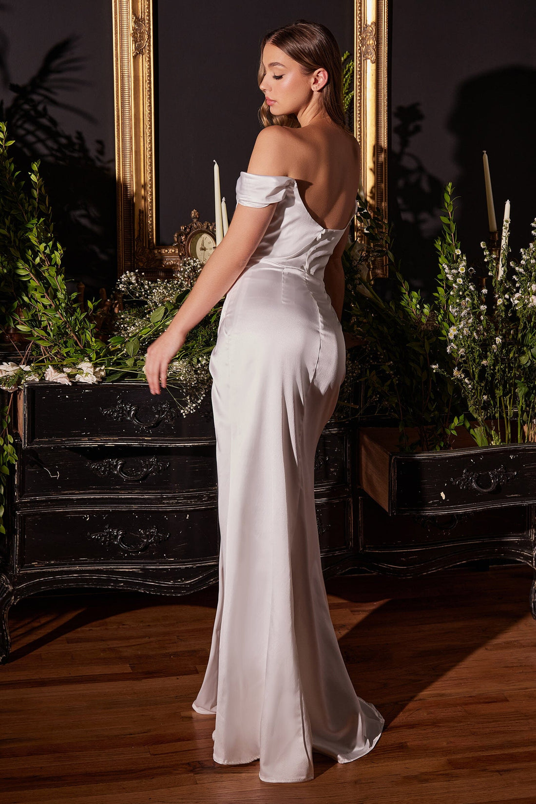 White Off Shoulder Satin Corset Slit Gown by Ladivine 7492W Boutinie 