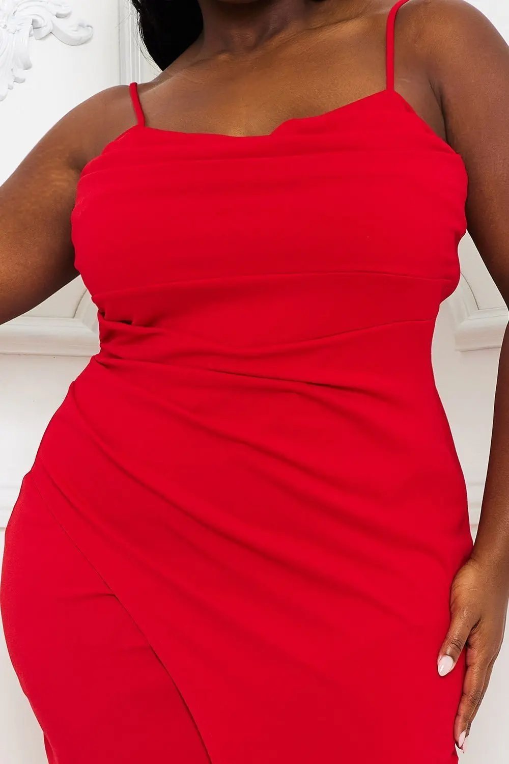 Plus Size Midi Dress - Pleated Wrap Skirt Dress With Adjustable Strap BOUTINIE