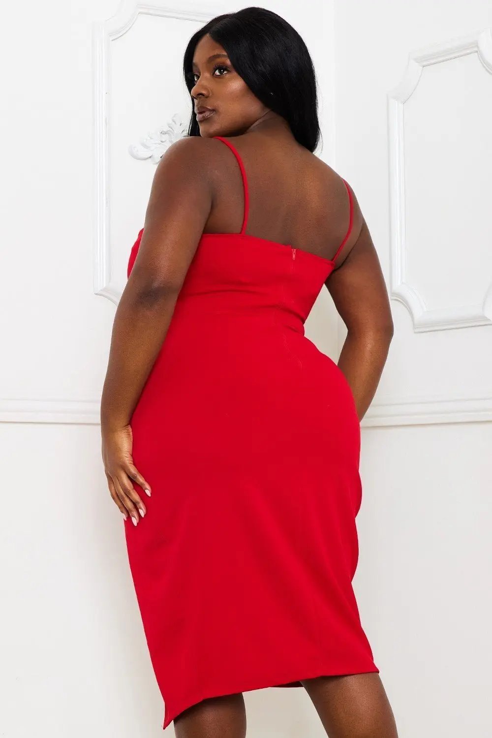 Plus Size Midi Dress - Pleated Wrap Skirt Dress With Adjustable Strap BOUTINIE