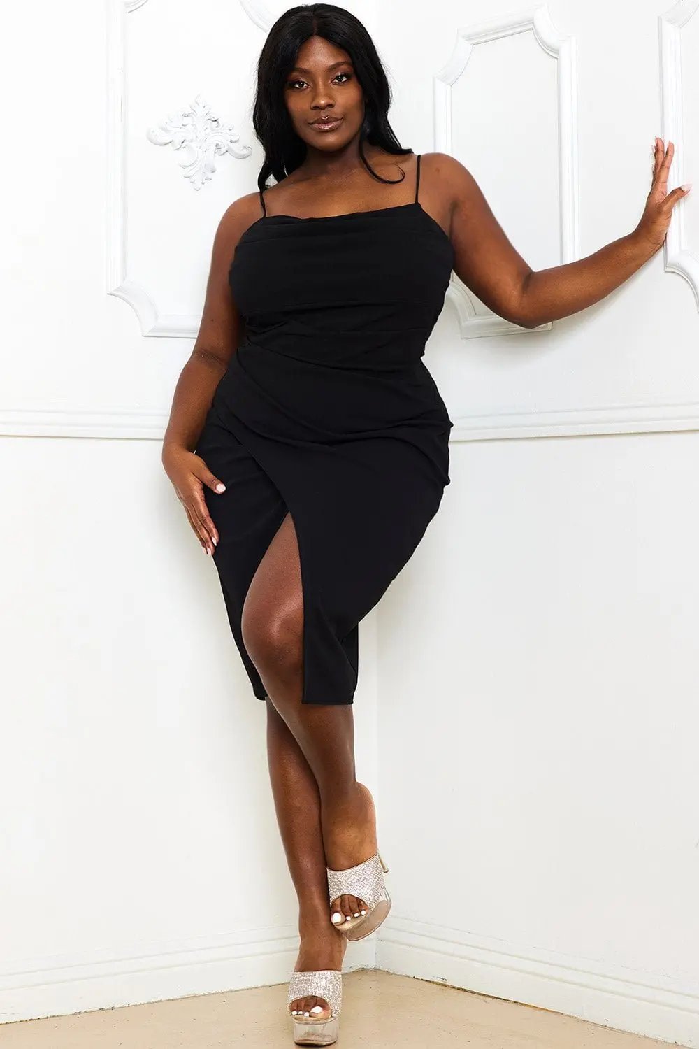 Plus Size Midi Dress - Pleated Wrap Skirt Dress With Adjustable Strap BOUTINIE