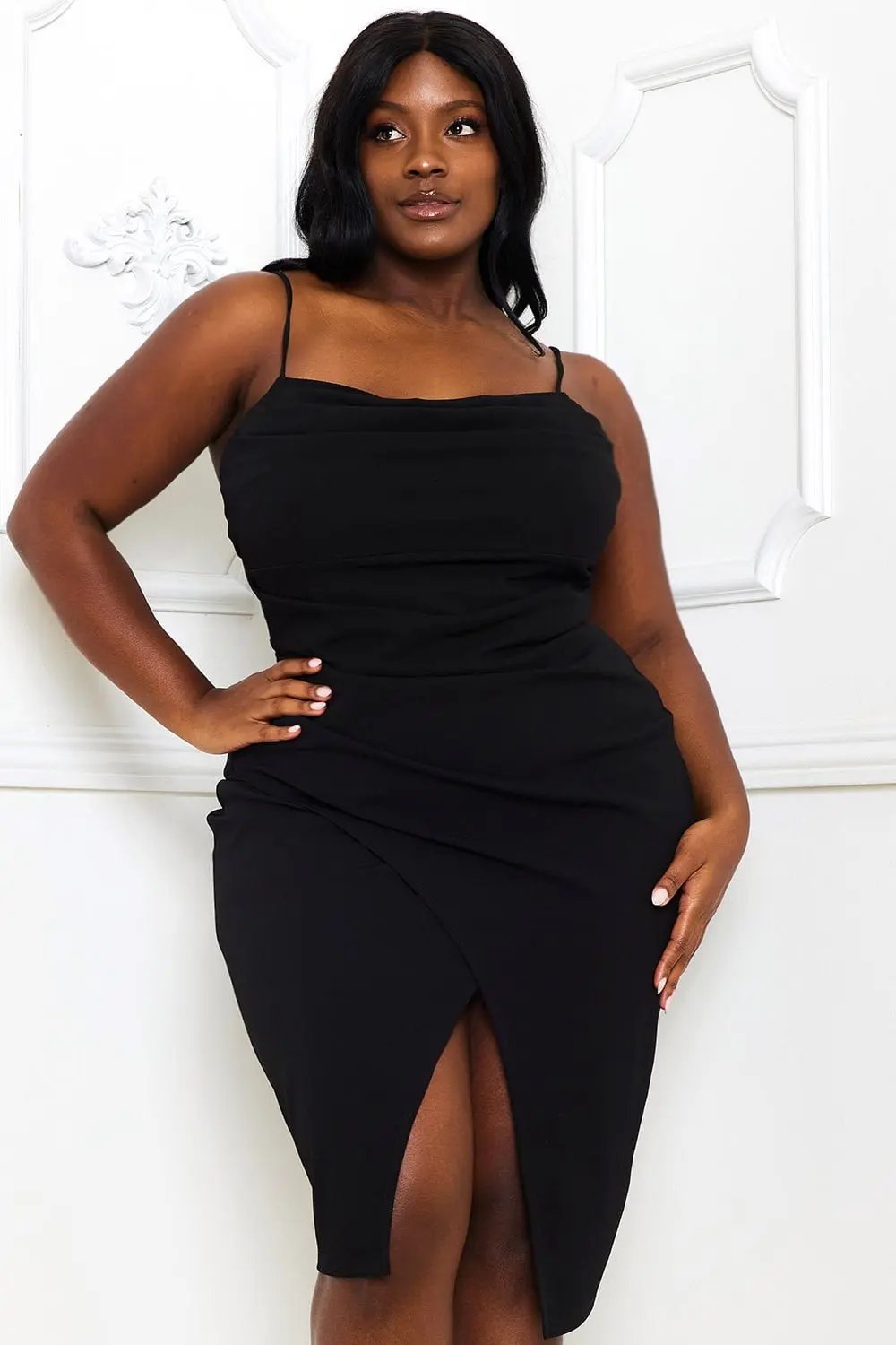 Plus Size Midi Dress - Pleated Wrap Skirt Dress With Adjustable Strap BOUTINIE