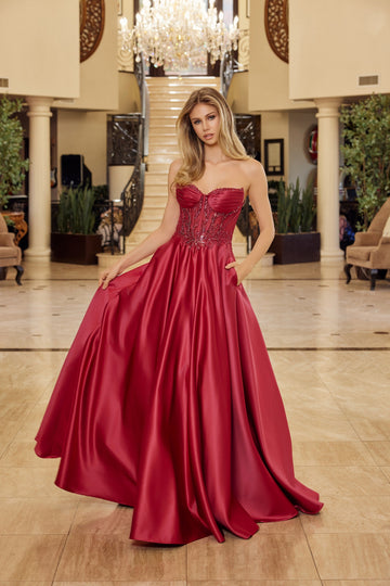 Satin Strapless A-line Gown by Nox Anabel Y1798