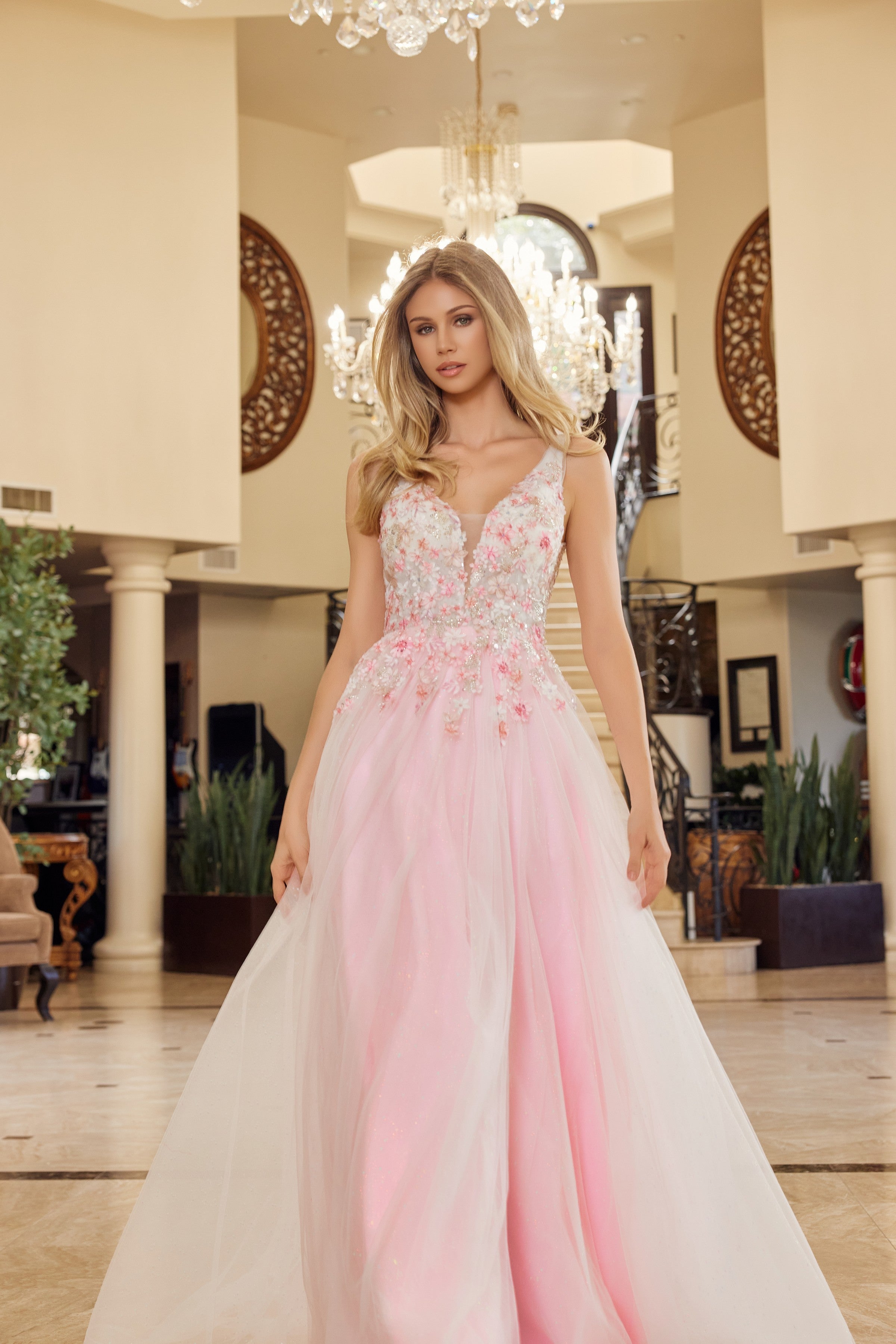 Applique V-Neck A-line Slit Gown by Nox Anabel Y1799