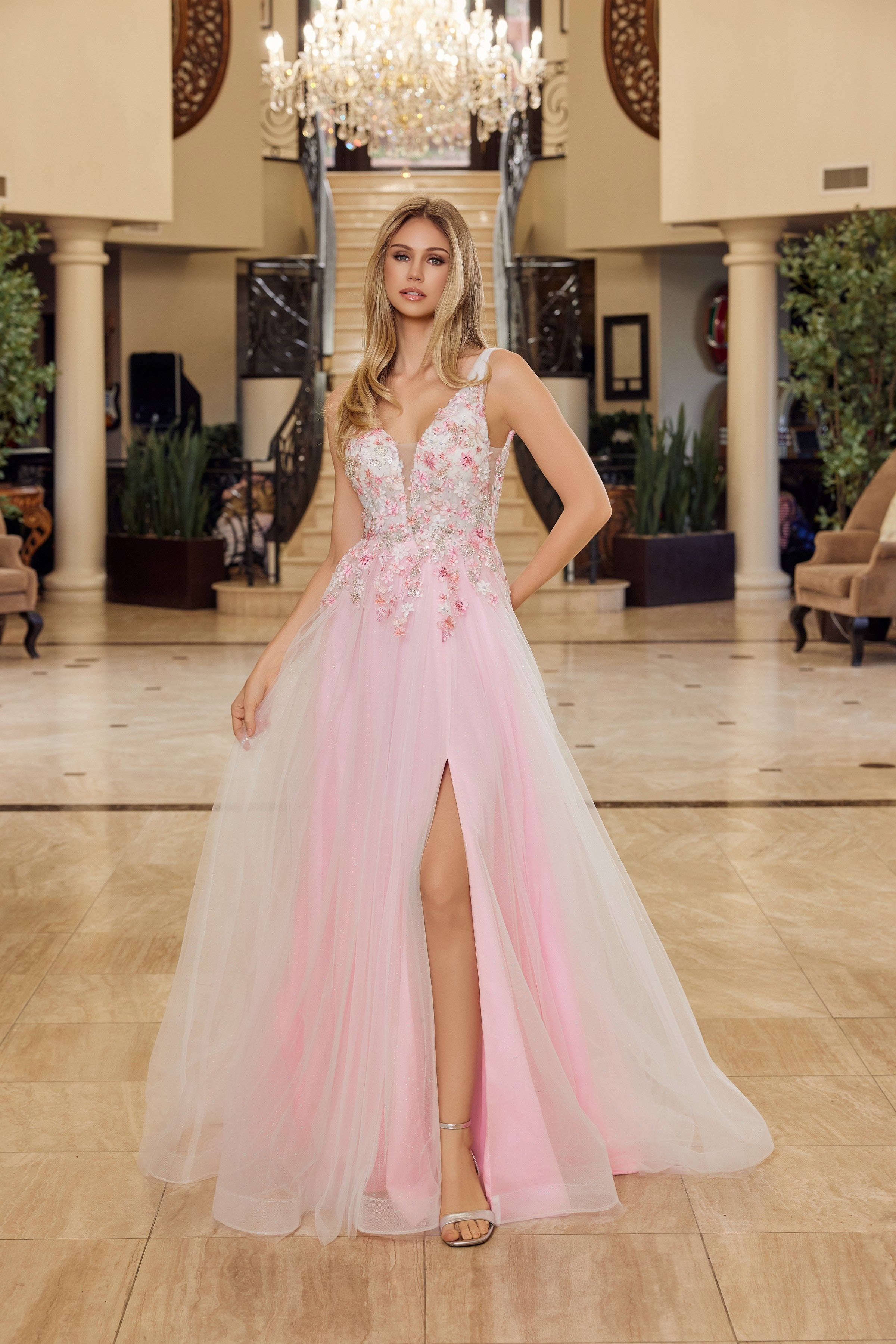 Applique V-Neck A-line Slit Gown by Nox Anabel Y1799