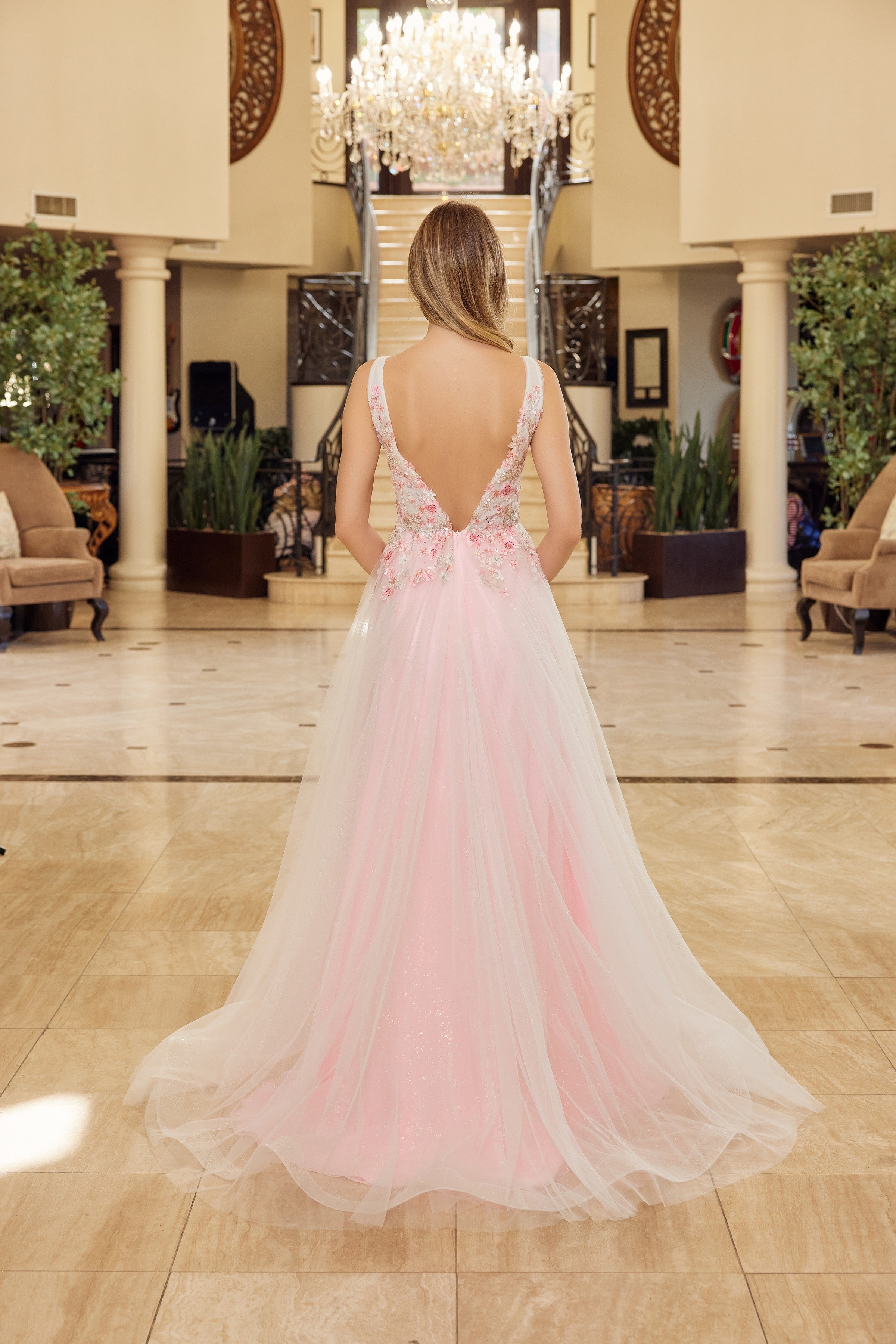 Applique V-Neck A-line Slit Gown by Nox Anabel Y1799