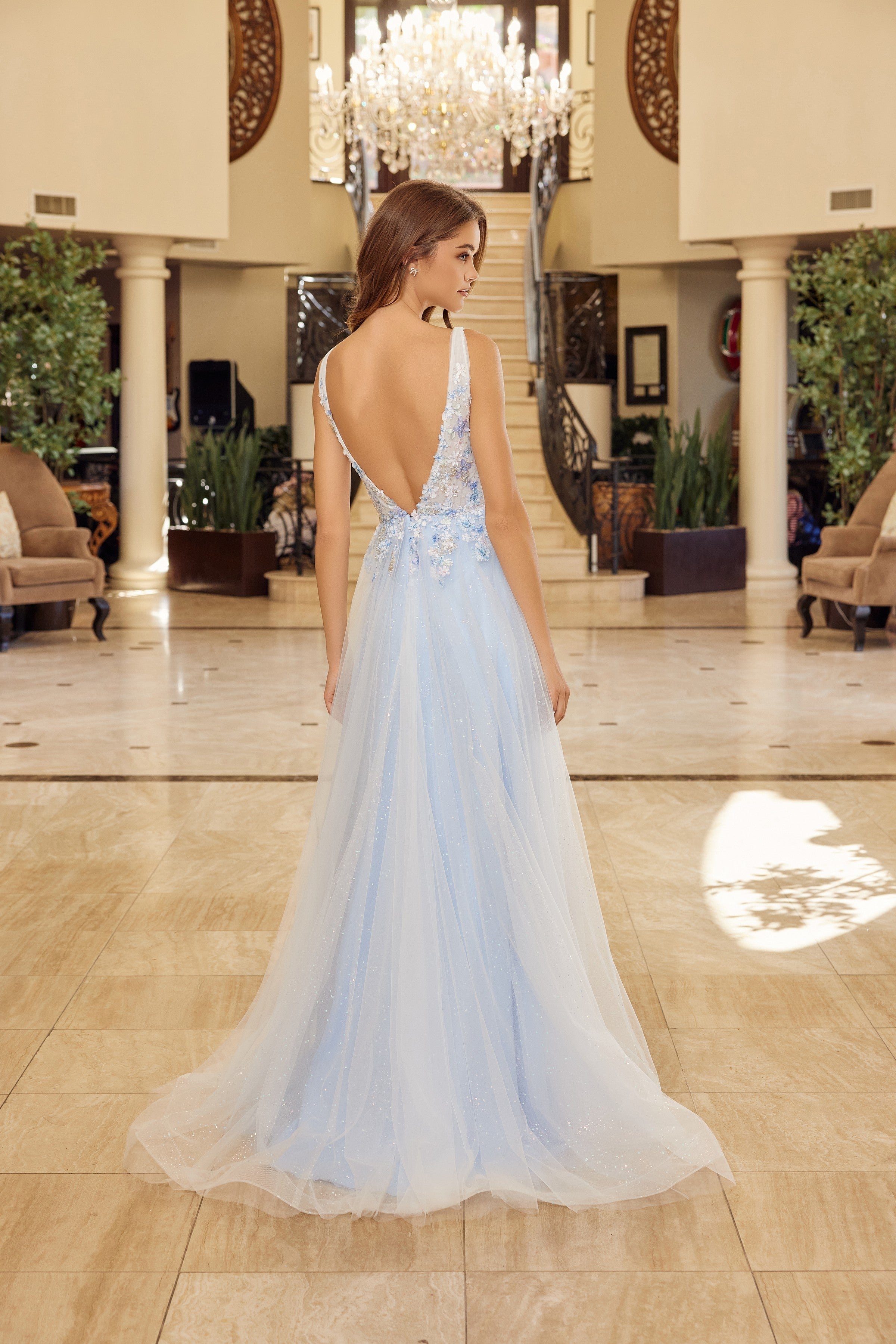 Applique V-Neck A-line Slit Gown by Nox Anabel Y1799