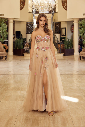 Applique Strapless A-line Slit Gown by Nox Anabel Y1803
