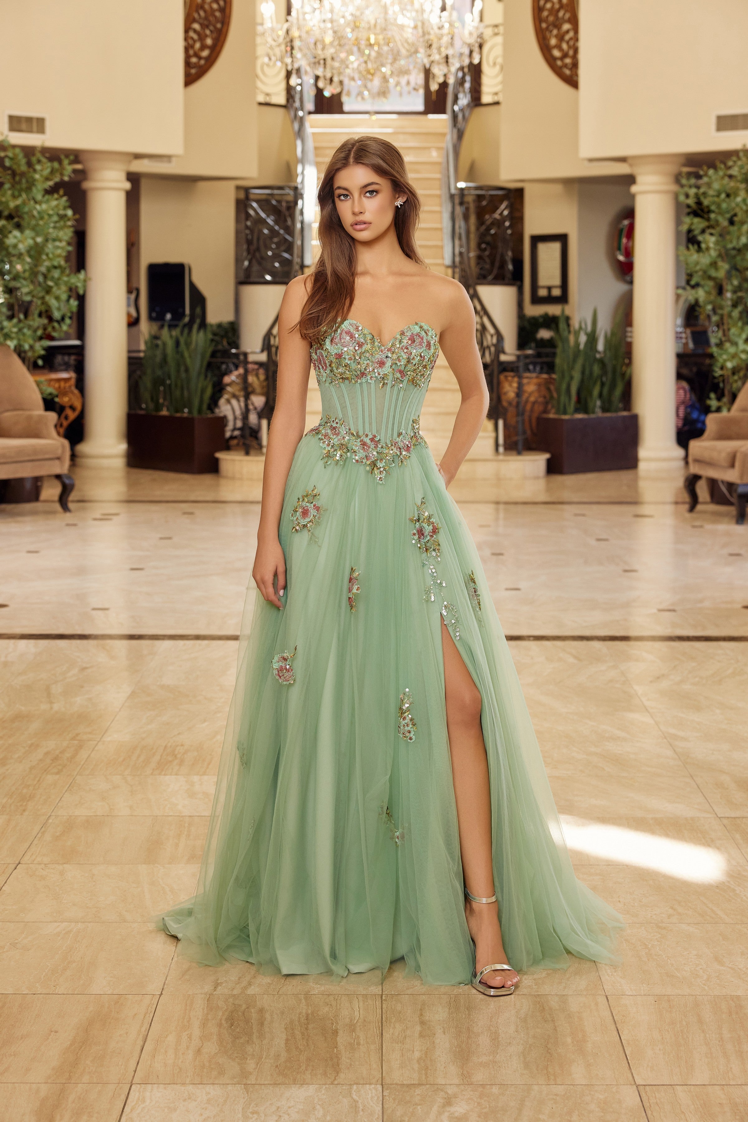 Applique Strapless A-line Slit Gown by Nox Anabel Y1803
