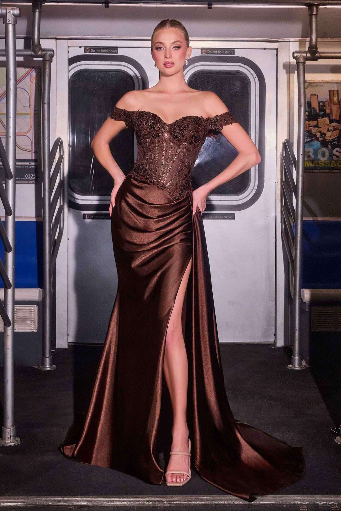 Applique Off Shoulder Slit Gown by Ladivine CD803