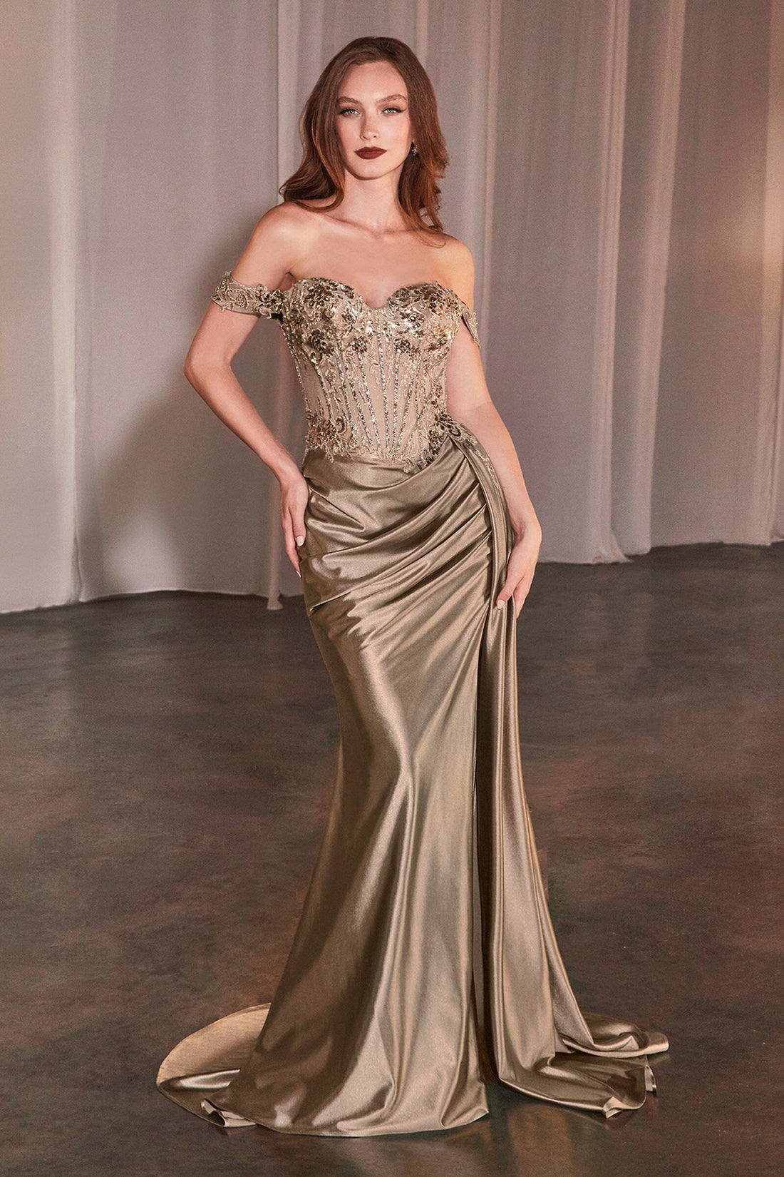 Applique Off-the-Shoulder Slit Gown | Ladivine by Cinderella Divine - Style LACD803