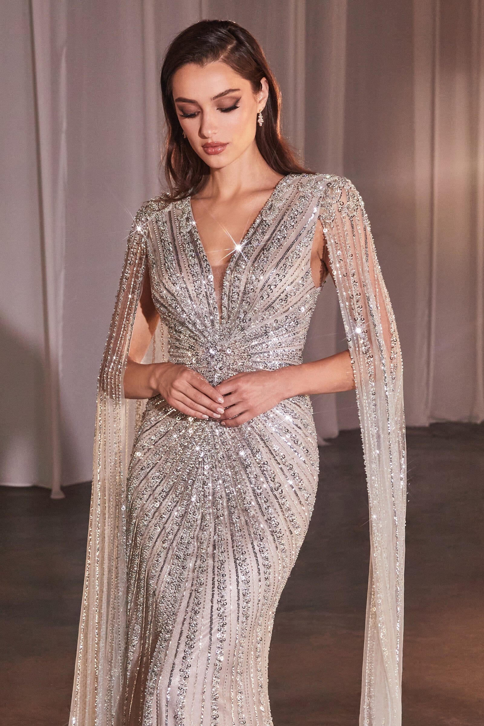 Beaded Cape Sleeve Slit Gown by Ladivine CD0239