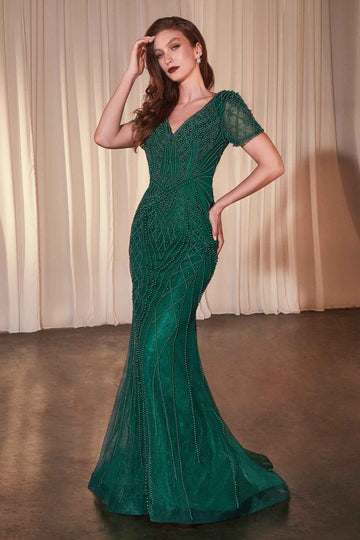 Beaded Fitted Short Sleeve Gown by Ladivine CC4019