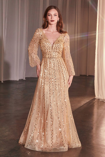 Beaded Long-Sleeve A-Line Gown | Ladivine