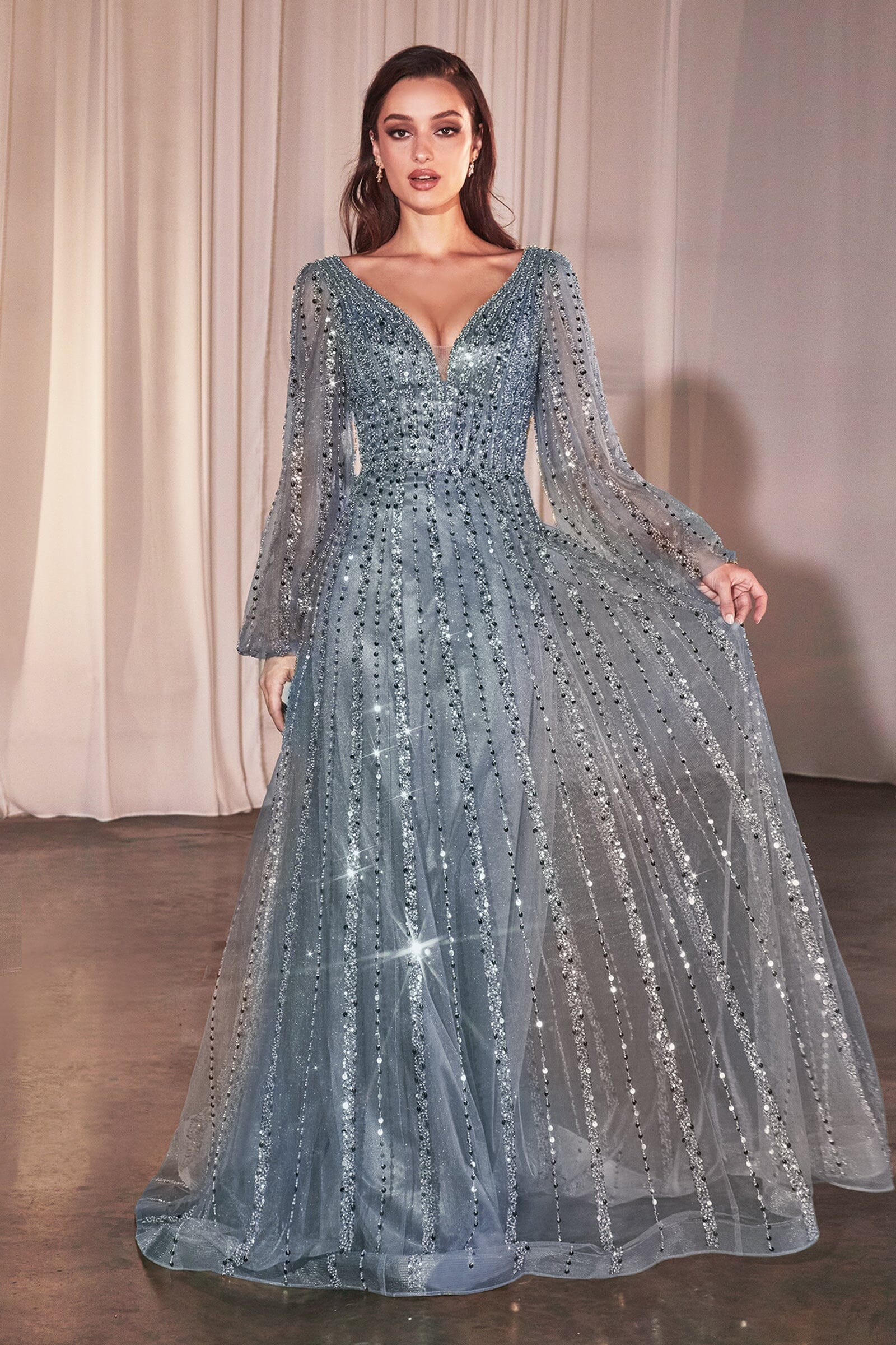 Beaded Long Sleeve A-line Gown by Ladivine CD0240