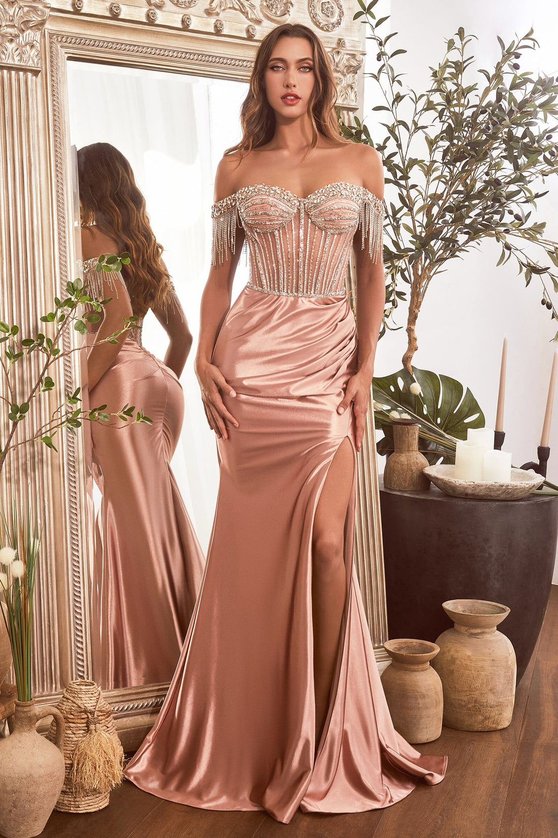 Beaded Off Shoulder Satin Slit Gown by Ladivine CD821