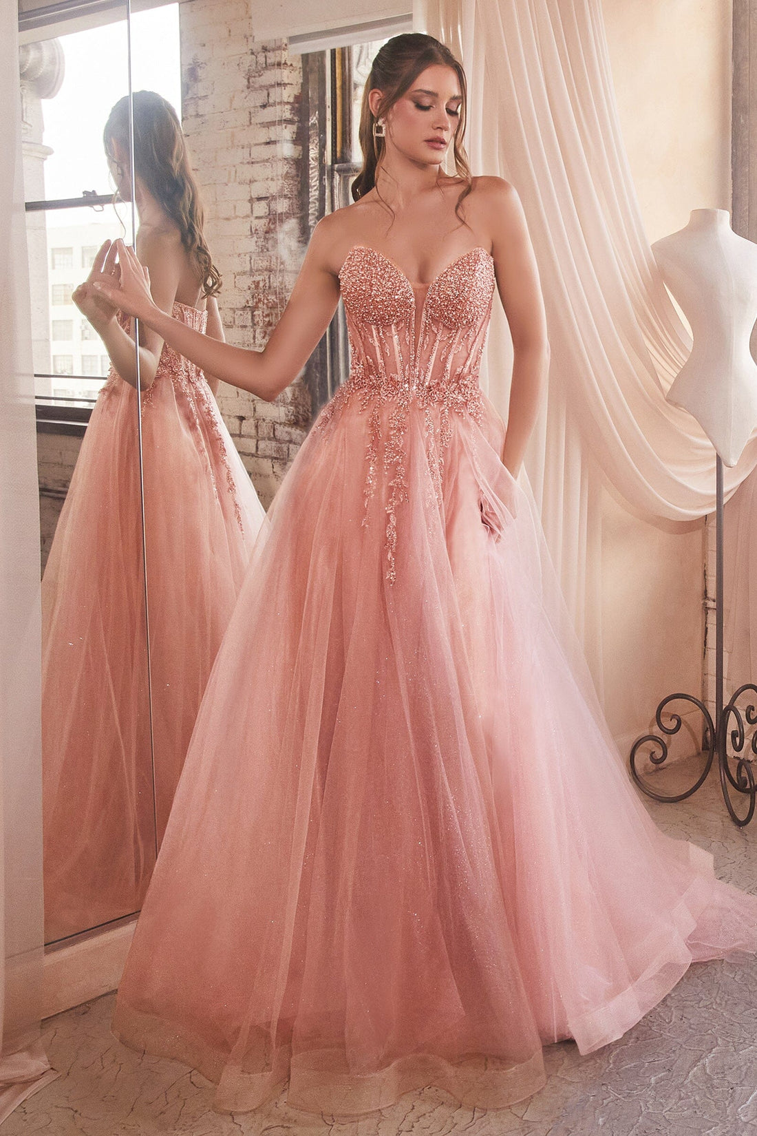 Beaded Strapless Tulle Slit Gown | Ladivine by Cinderella Divine - Style LACD0230