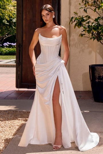 White Fitted Strapless Slit Gown | Ladivine CD636W
