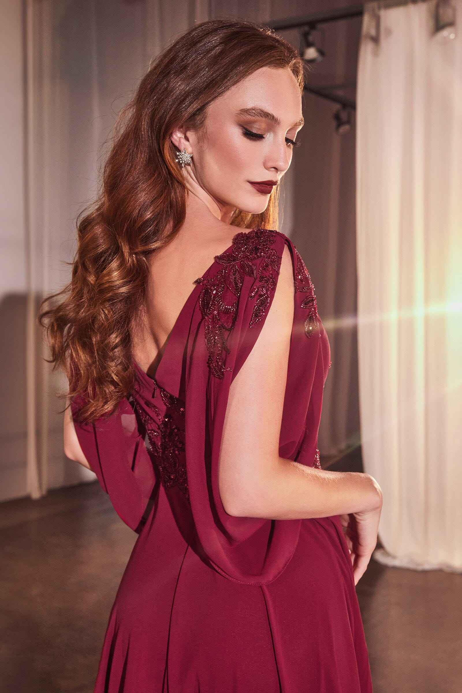 Chiffon Cowl Sleeve A-line Gown by Ladivine CDS508