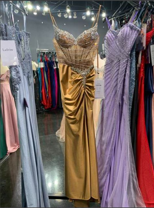 Beaded Satin Sleeveless Slit Gown by Ladivine CD744 Cinderella Divine