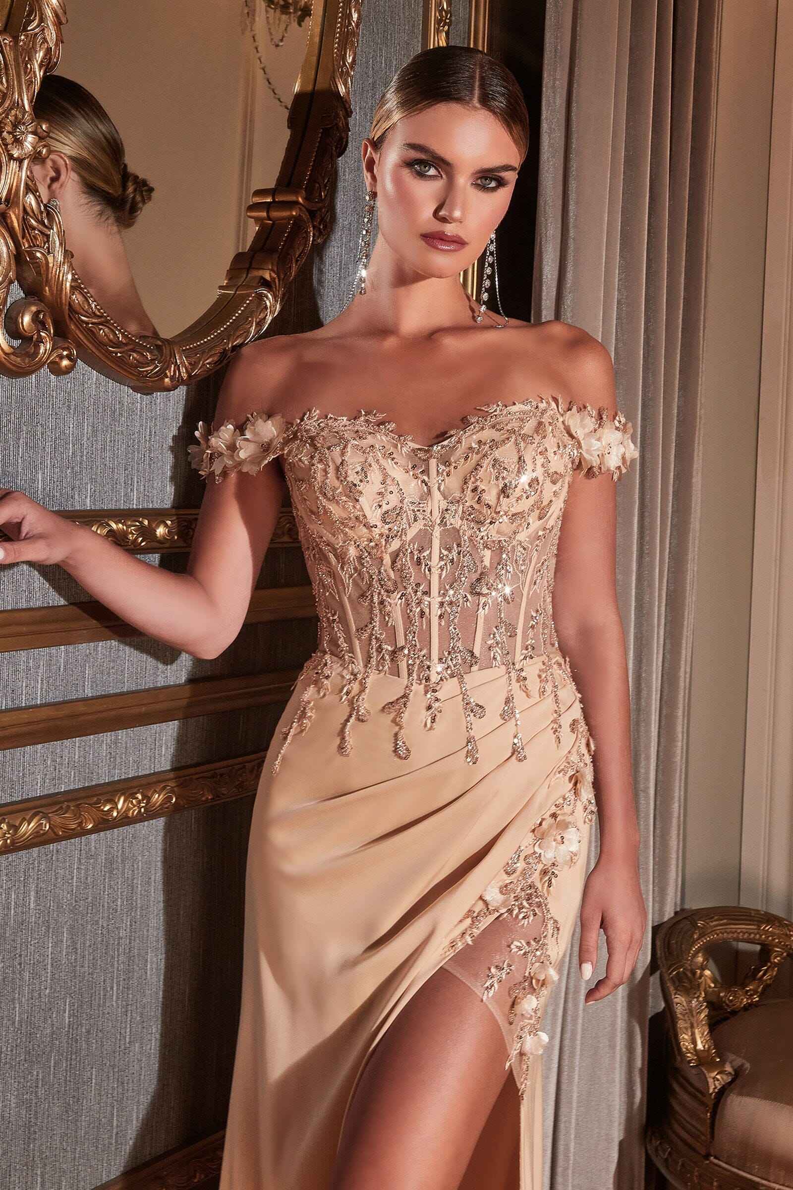 Fitted 3D Floral Corset Gown by Cinderella Divine CD0186