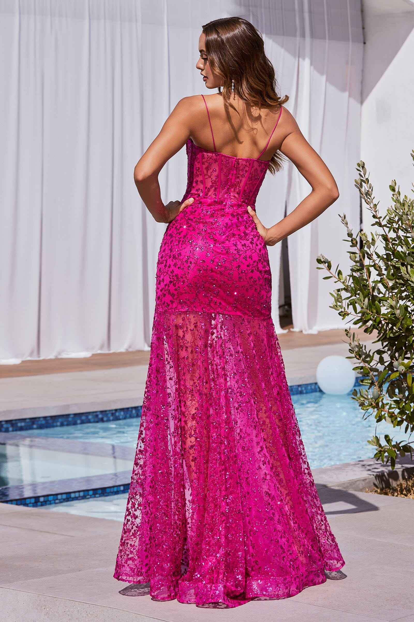 Fitted Glitter Print Sleeveless Slit Gown by Ladivine C155