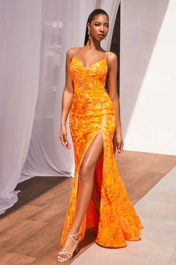 Fitted Sequin Print Sleeveless Slit Gown by Ladivine CM350